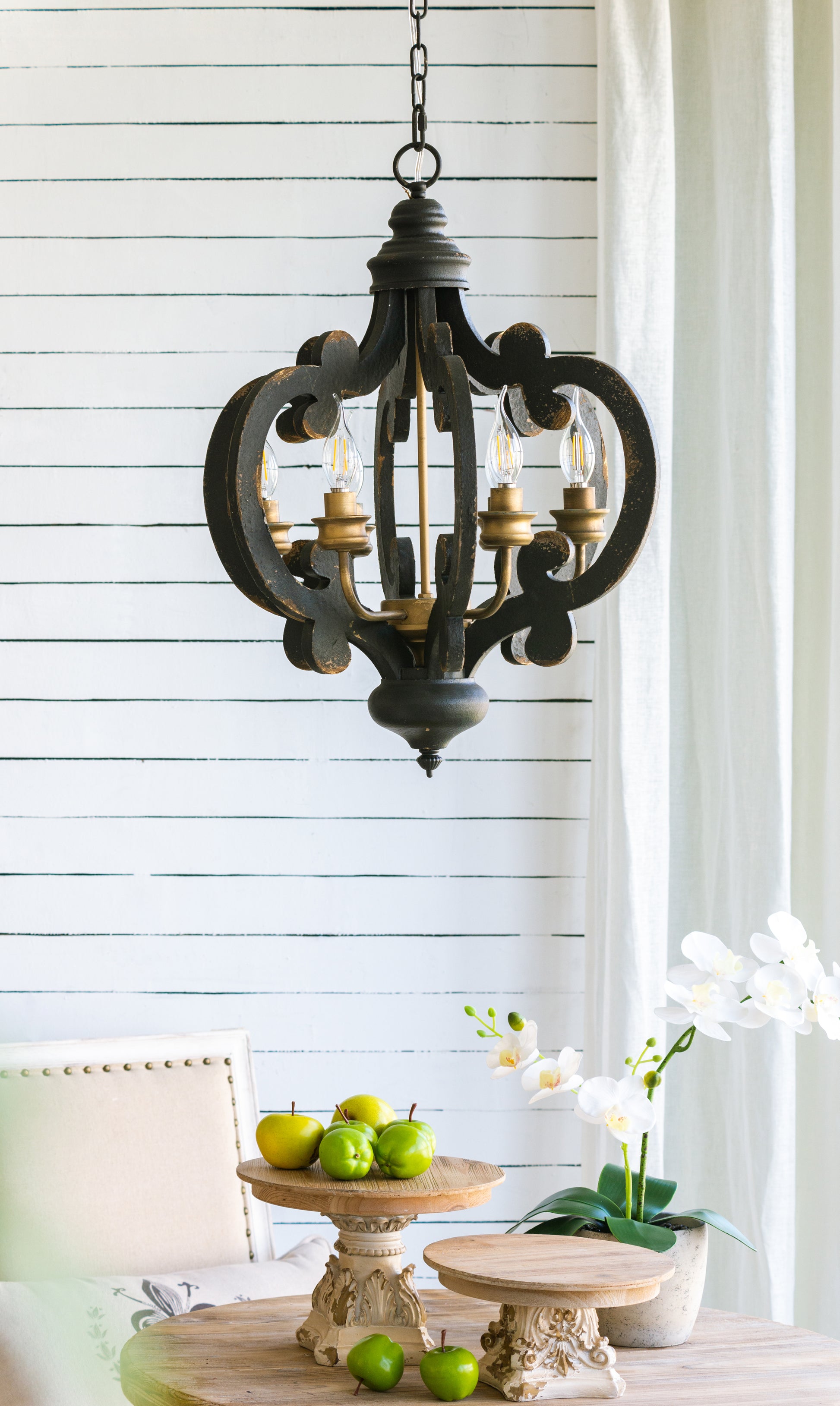 French Country Wood Chandelier, 6 Light Farmhouse black-mdf+metal