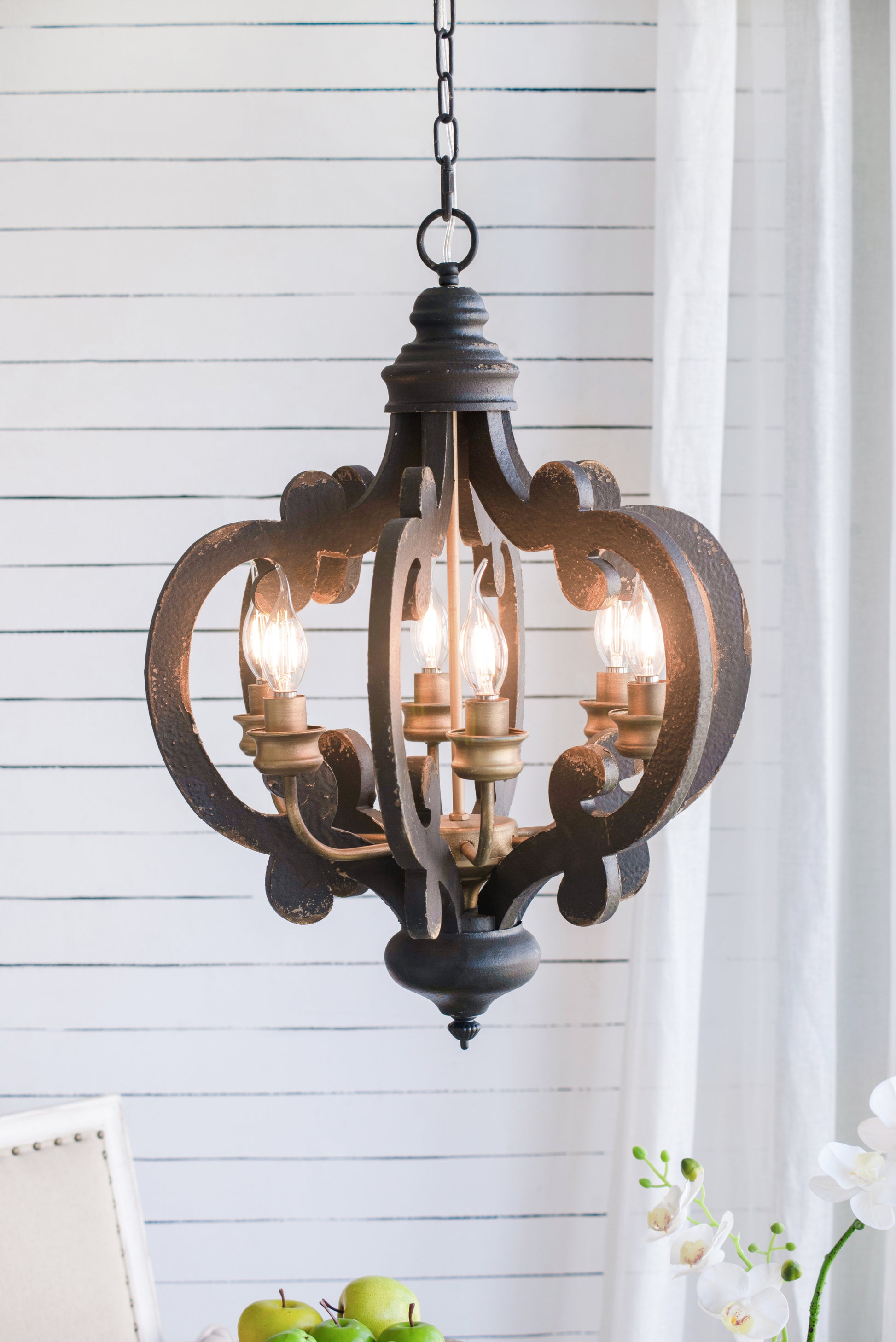 French Country Wood Chandelier, 6 Light Farmhouse black-mdf+metal