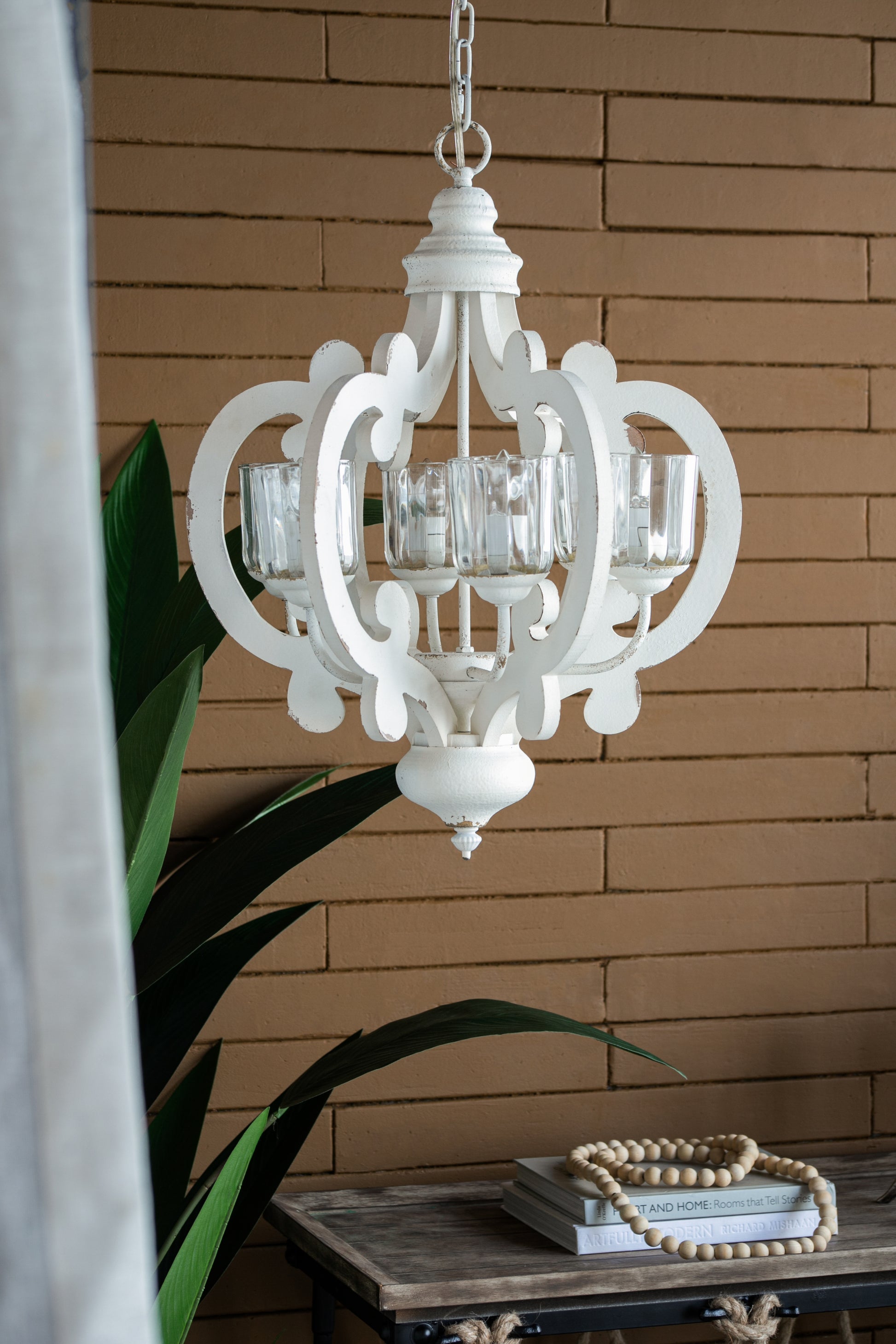 Farmhouse Chandelier, 6 Light Wood Chandelier Pendant cream-mdf+metal