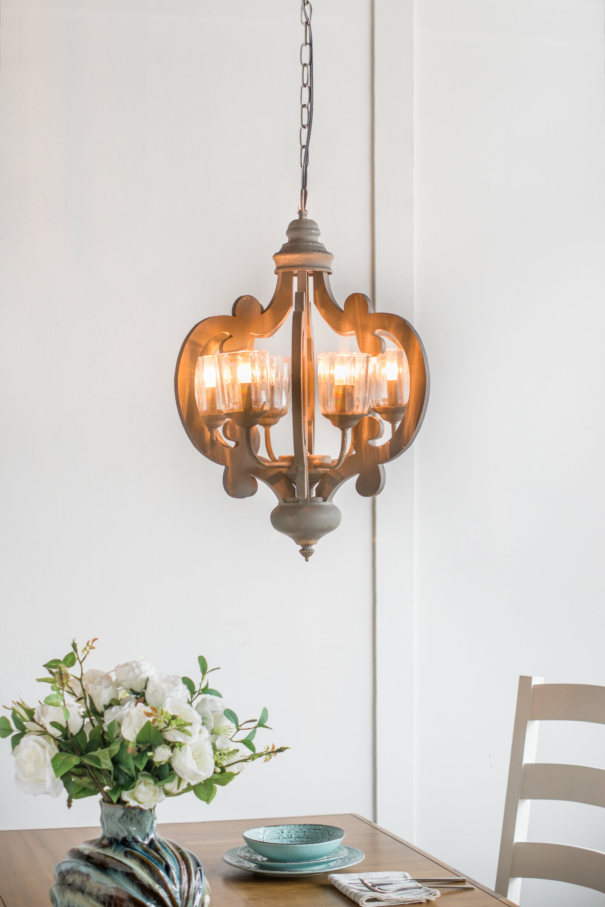 Farmhouse Chandelier, 6 Light Wood Chandelier Pendant gray-mdf+metal