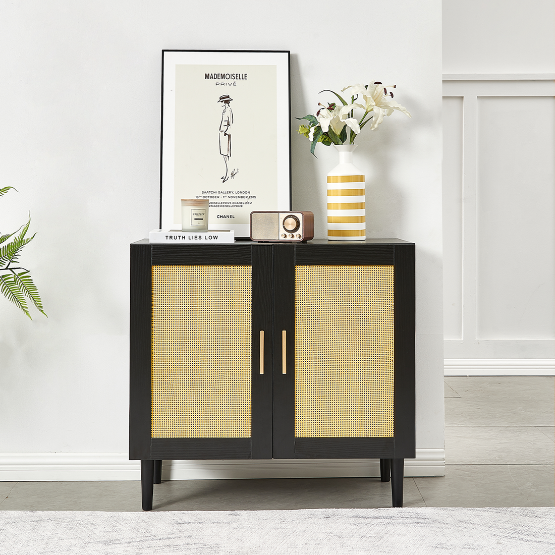 Side Panel Buffet Cabinet With Natural Rattan