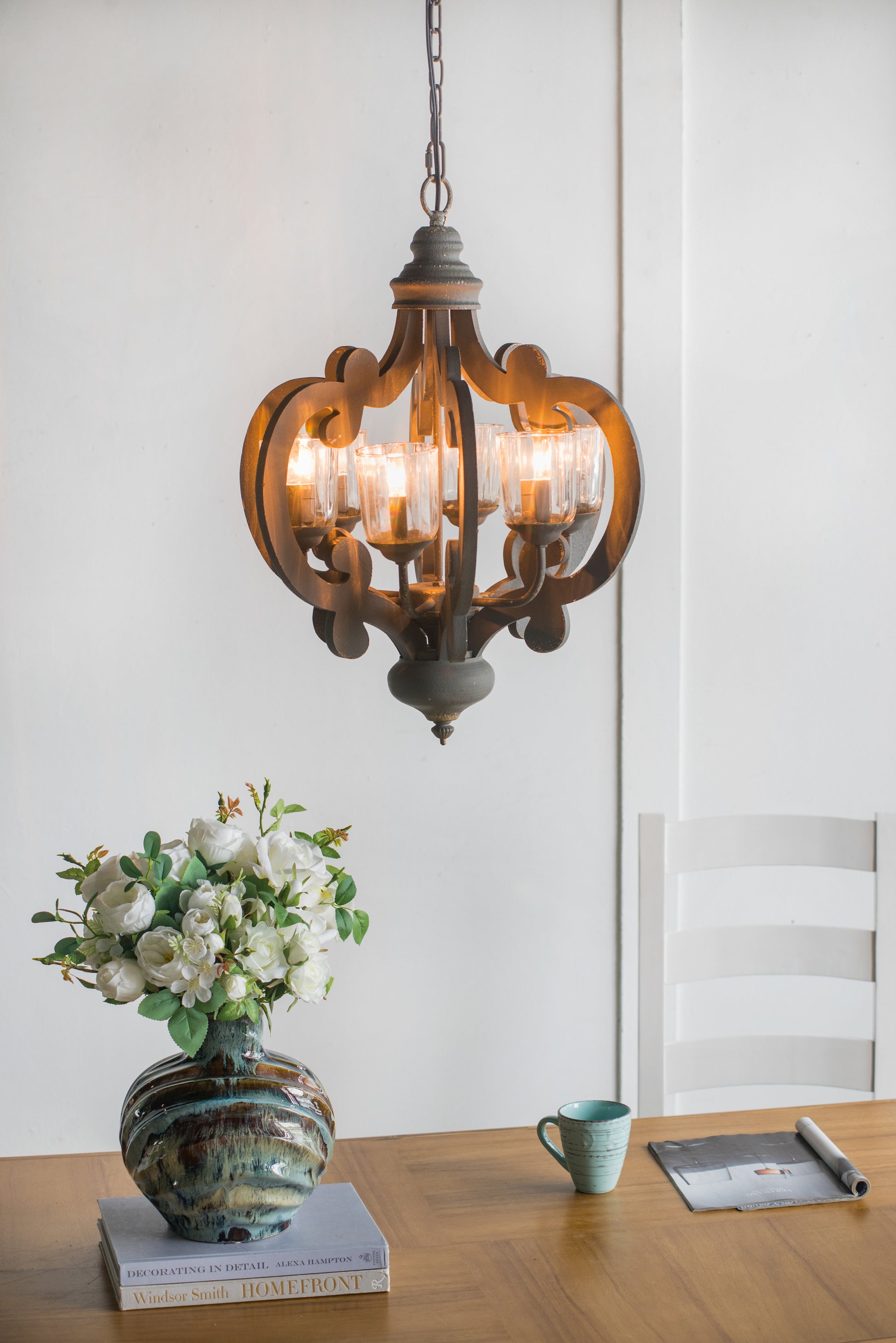 Farmhouse Chandelier, 6 Light Wood Chandelier Pendant gray-mdf+metal