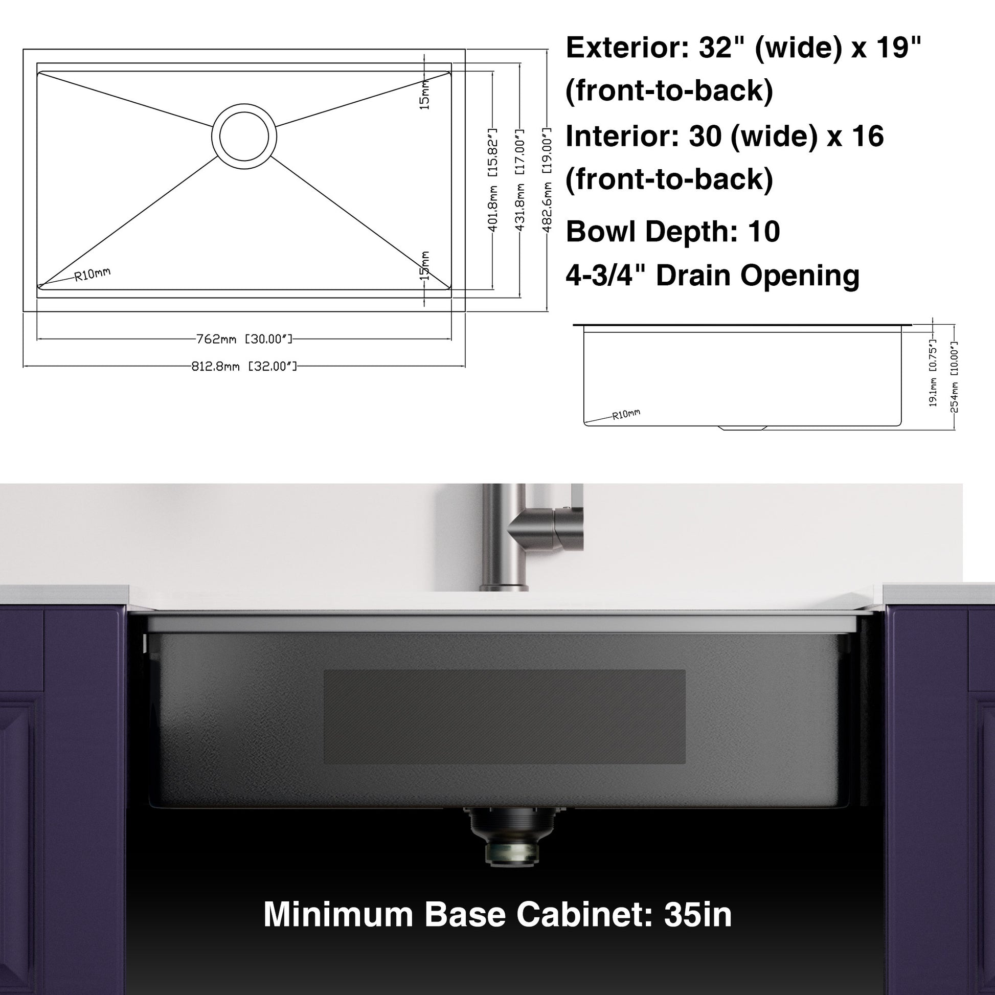 32 Inch Undermount Gunmetal Black Workstation