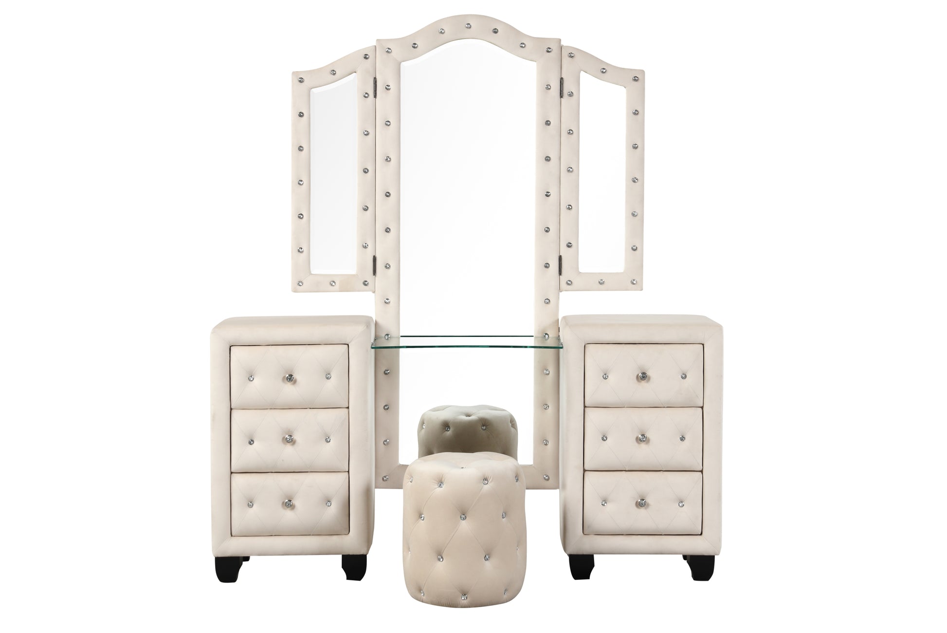 Sophia Crystal Tufted King 4 Pc Vanity Bedroom Set box spring not required-king-cream-wood-4 piece