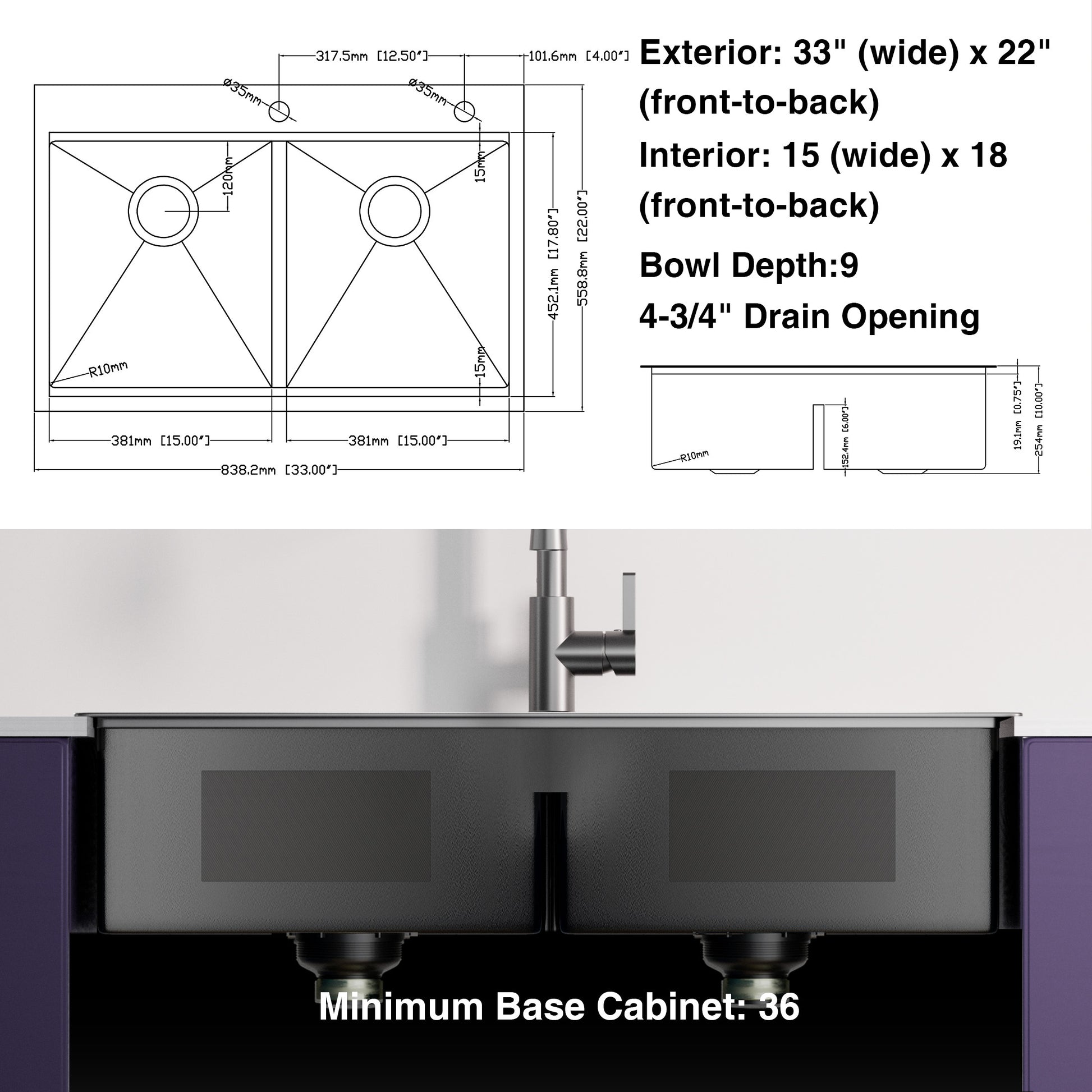 33x22 Inch Gunmetal Black Topmount Double Bowl gunmetal black-stainless steel