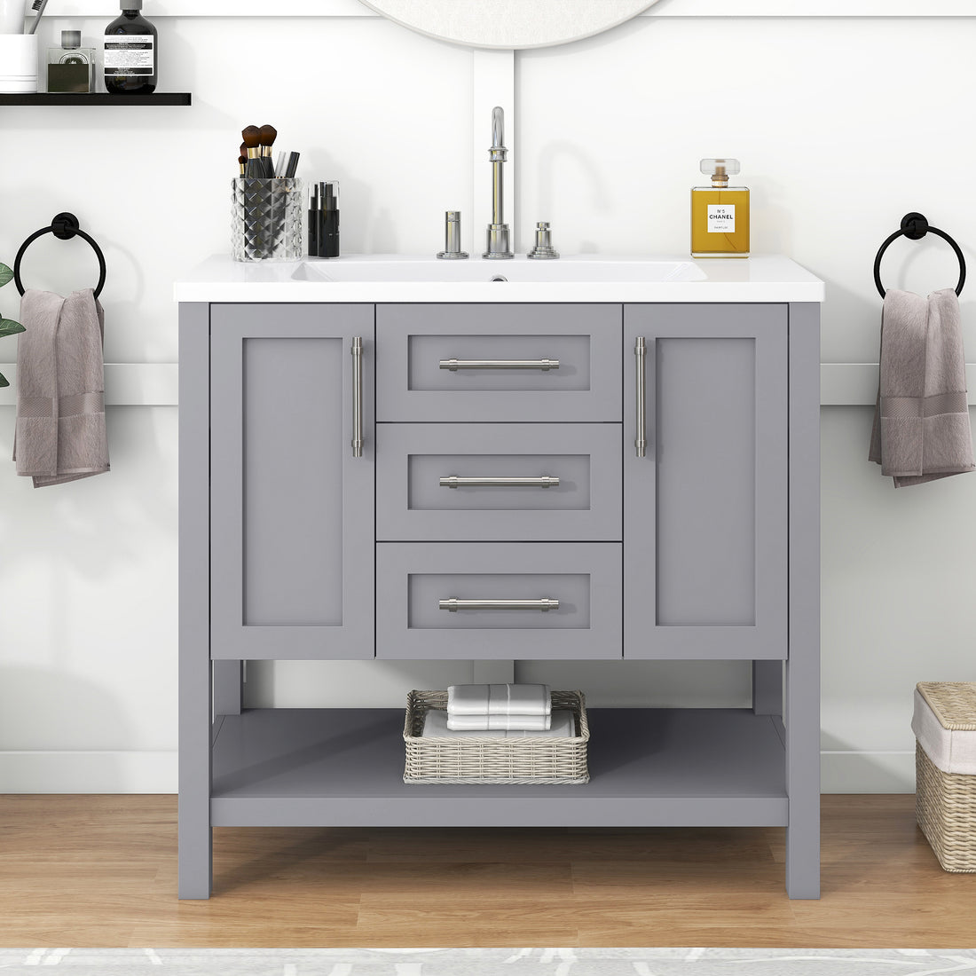 36 Inch Grey Bathroom Vanity with Solid Wood Frame and grey-solid wood+mdf+resin