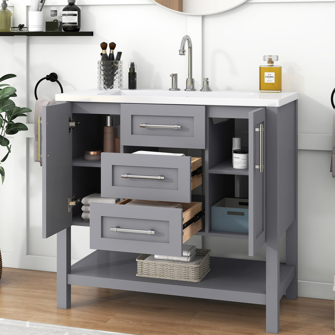 36 Inch Grey Bathroom Vanity with Solid Wood Frame and grey-solid wood+mdf+resin