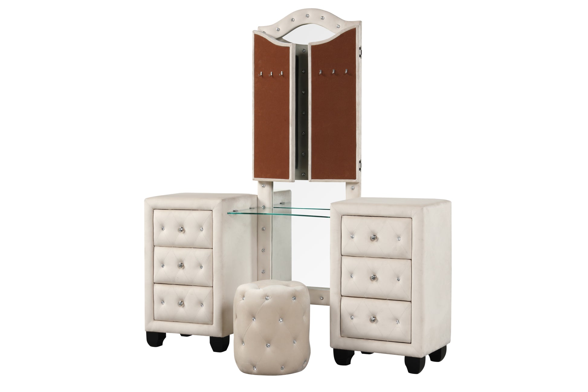 Sophia Crystal Tufted King 4 Pc Vanity Bedroom Set box spring not required-king-cream-wood-4 piece