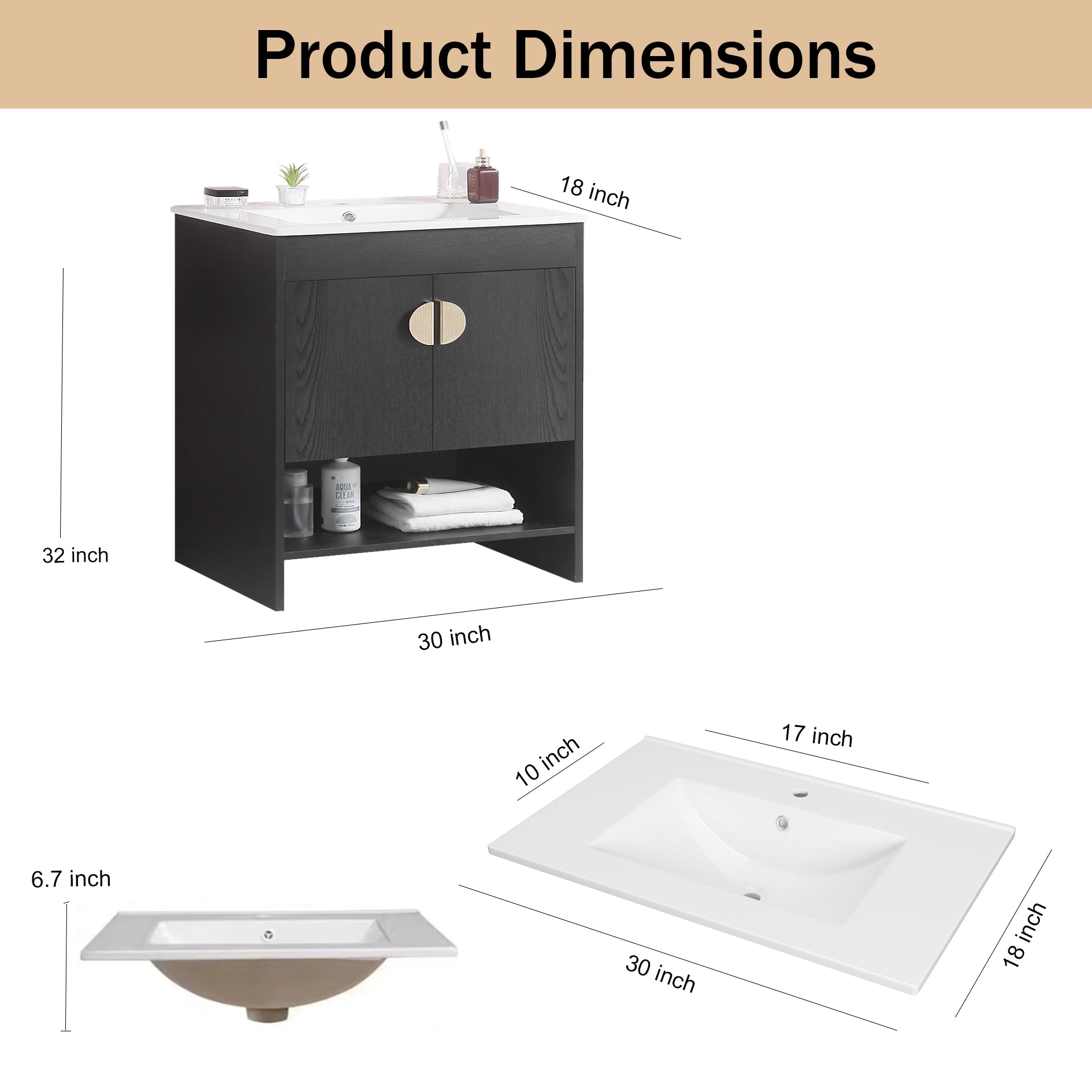 30" Bathroom Vanity,with White Ceramic Basin,Two black-solid wood