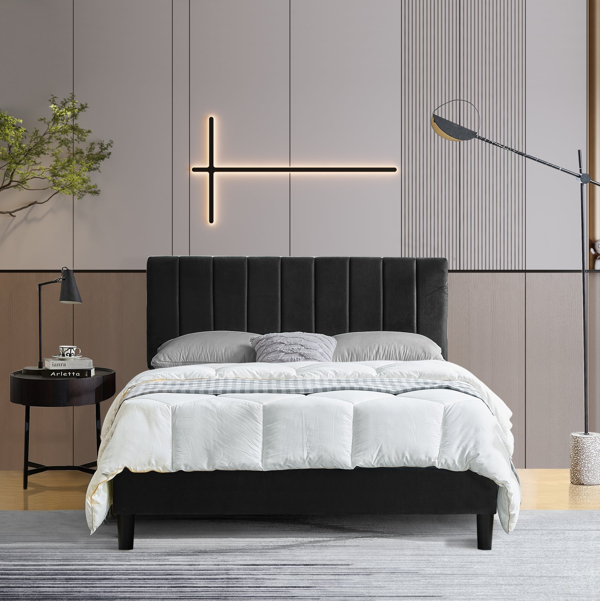 Queen Size Platform Bed with Upholstered Headboard and black-wood