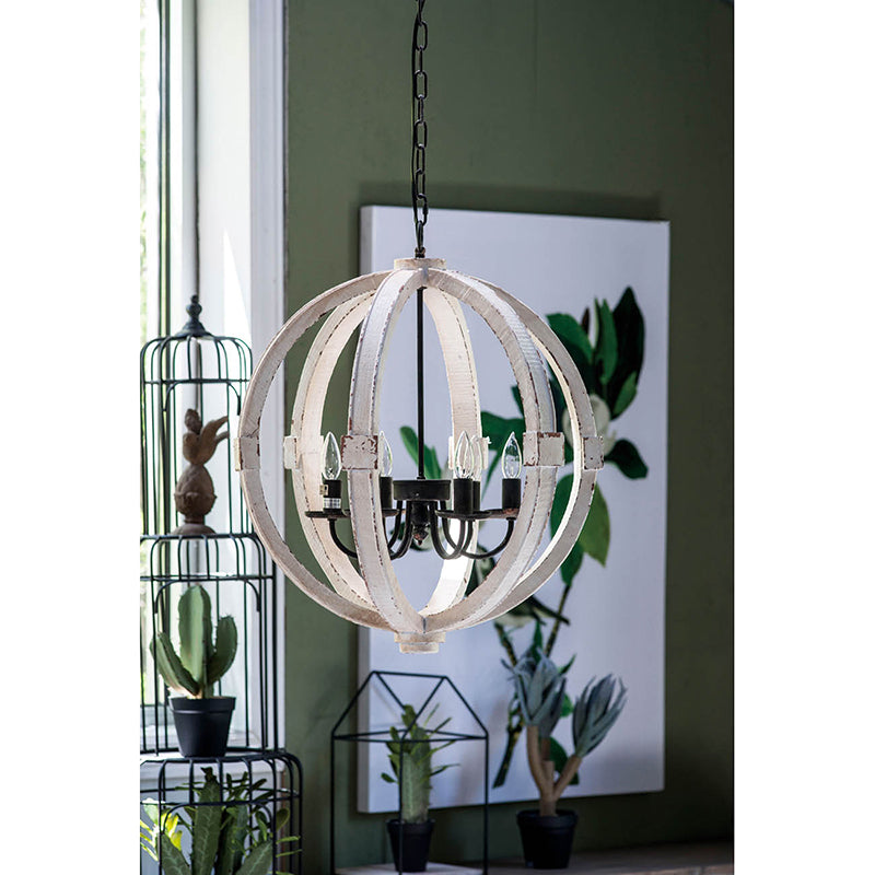 6 Light Wood Chandelier, Hanging Light Fixture with white-pine