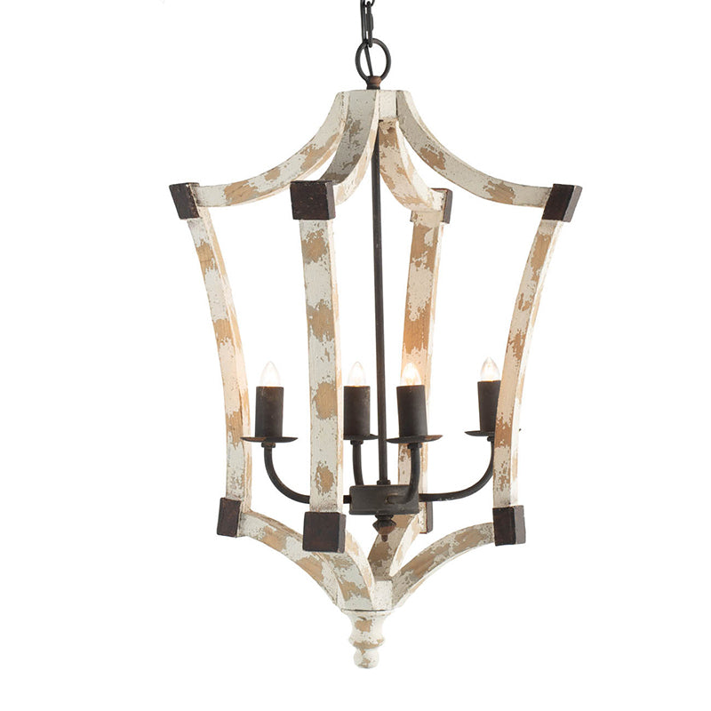 4 Light Wood Chandelier, Hanging Light Fixture with cream-wood