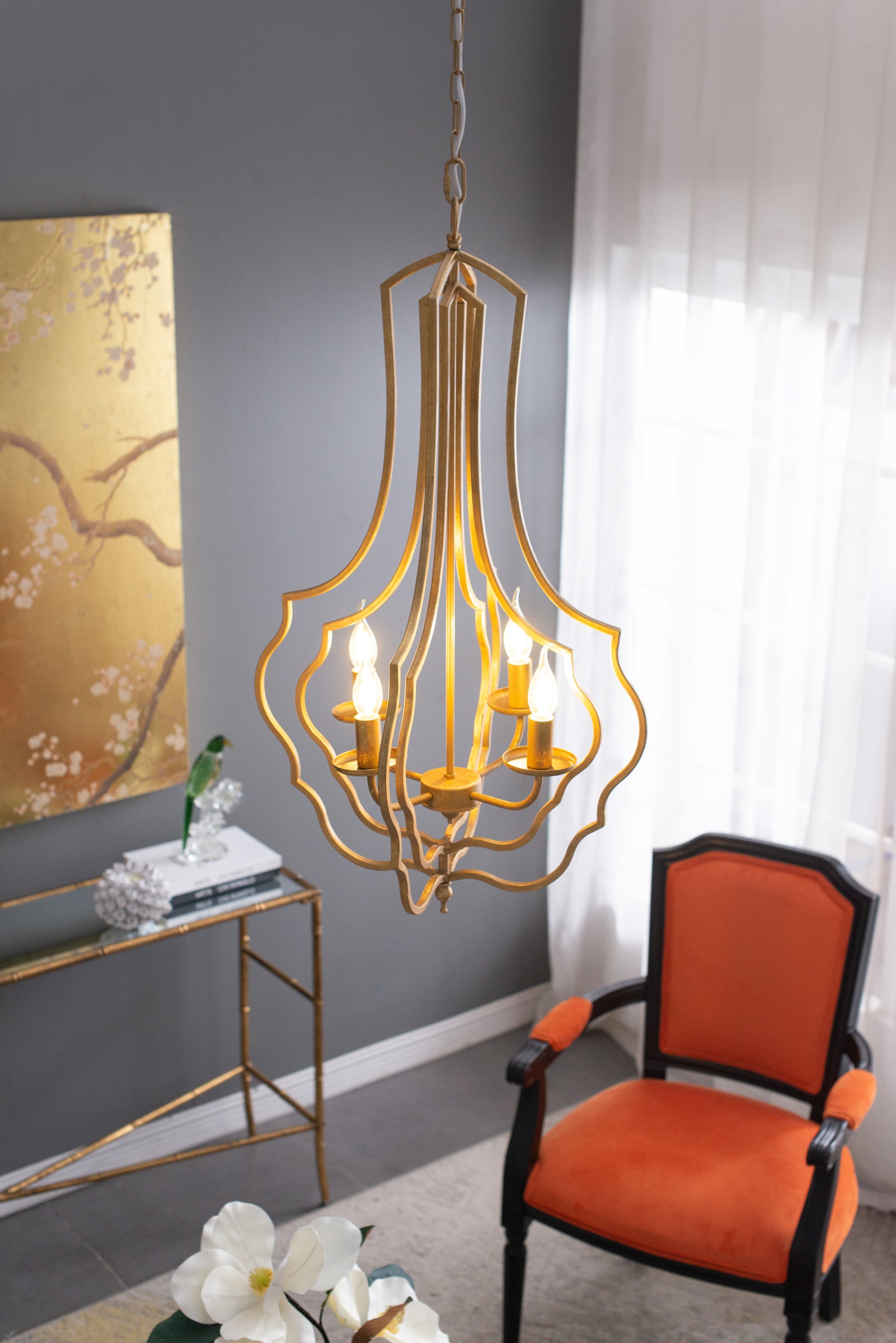 4 Light Metal Chandelier, Hanging Light Fixture with gold-iron