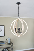 6 Light Wood Chandelier, Hanging Light Fixture with white-pine