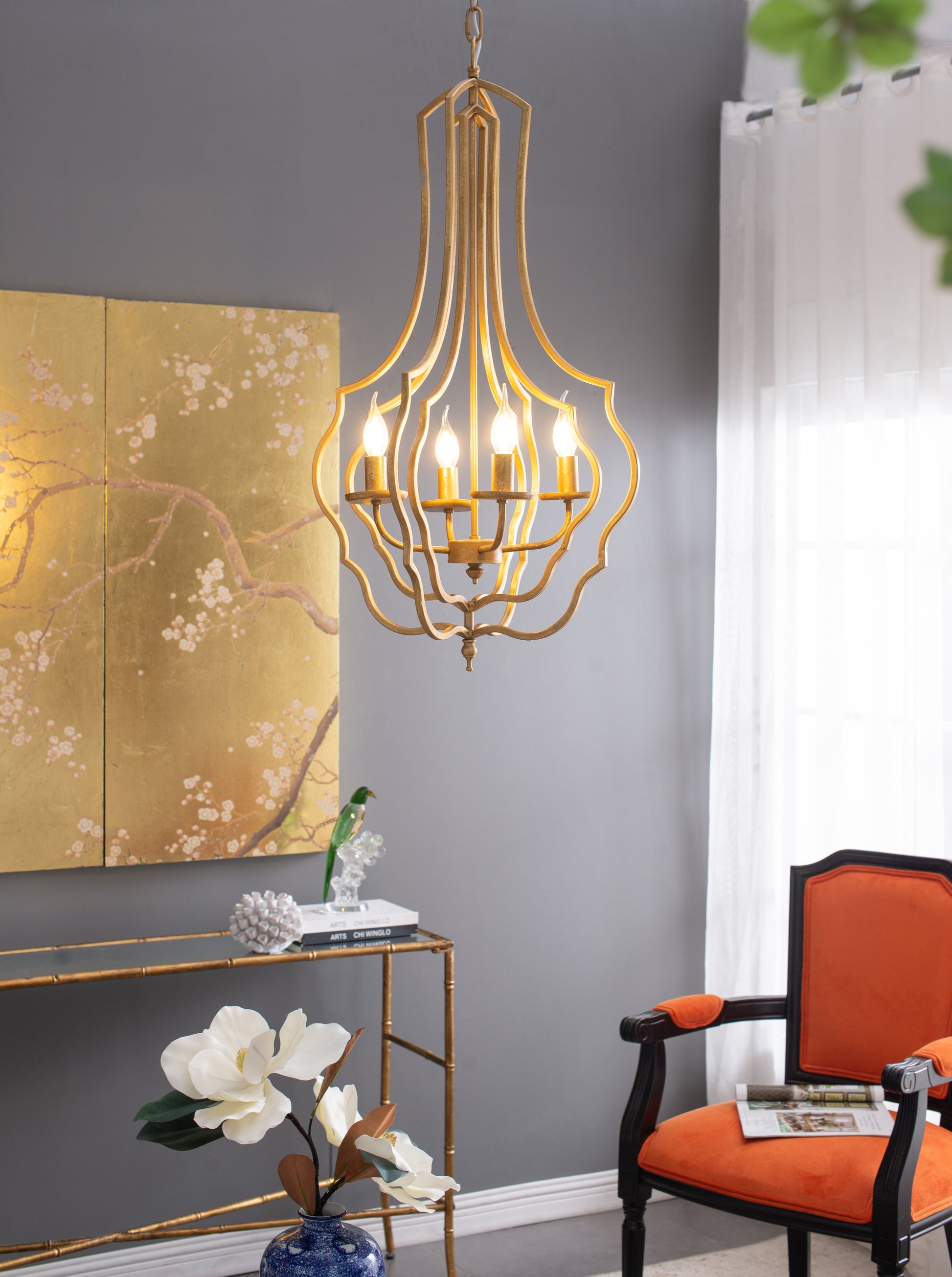 4 Light Metal Chandelier, Hanging Light Fixture with gold-iron