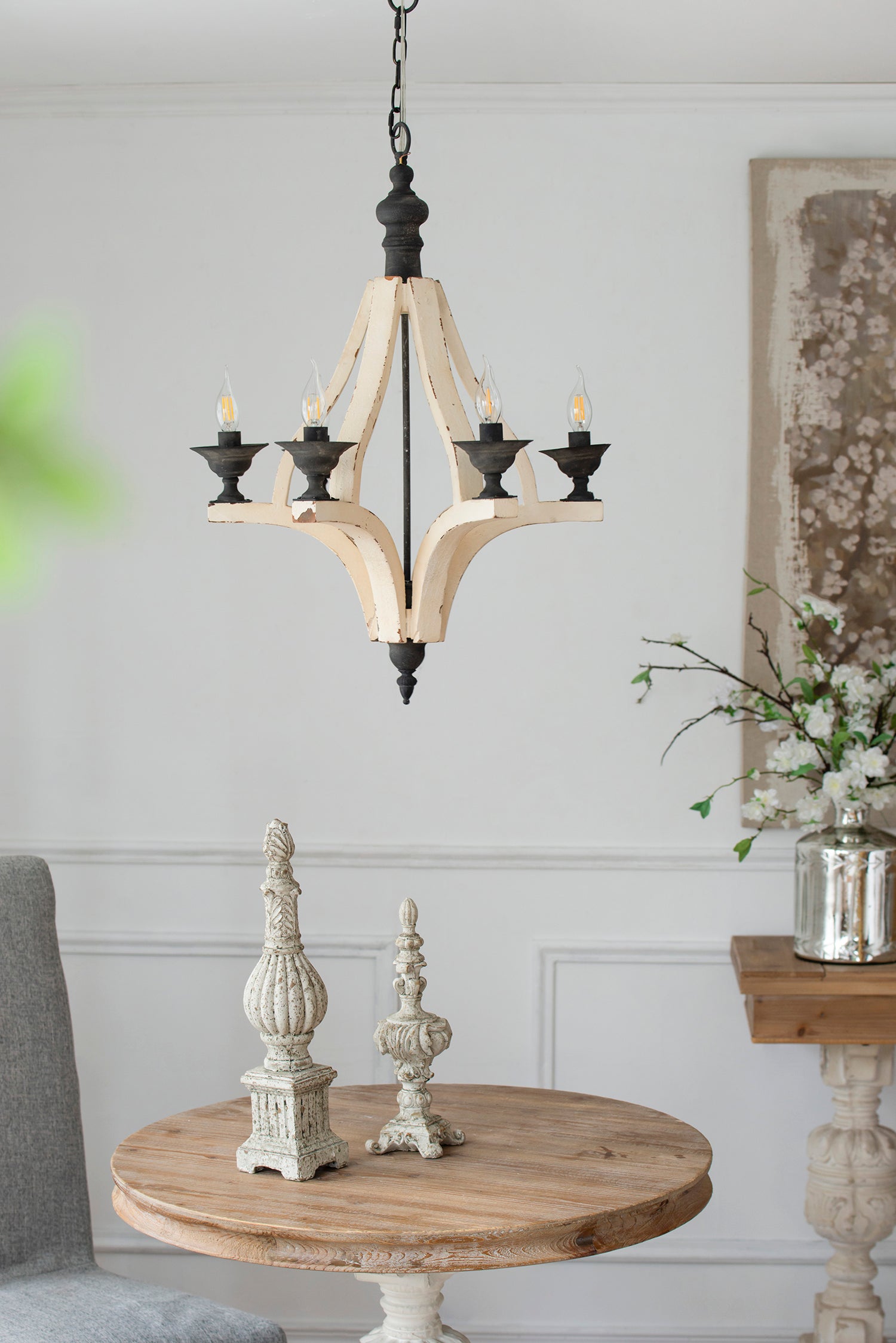 6 Light Wood Chandelier, Hanging Light Fixture with cream-wood