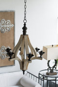 6 Light Wood Chandelier, Hanging Light Fixture with cream-wood