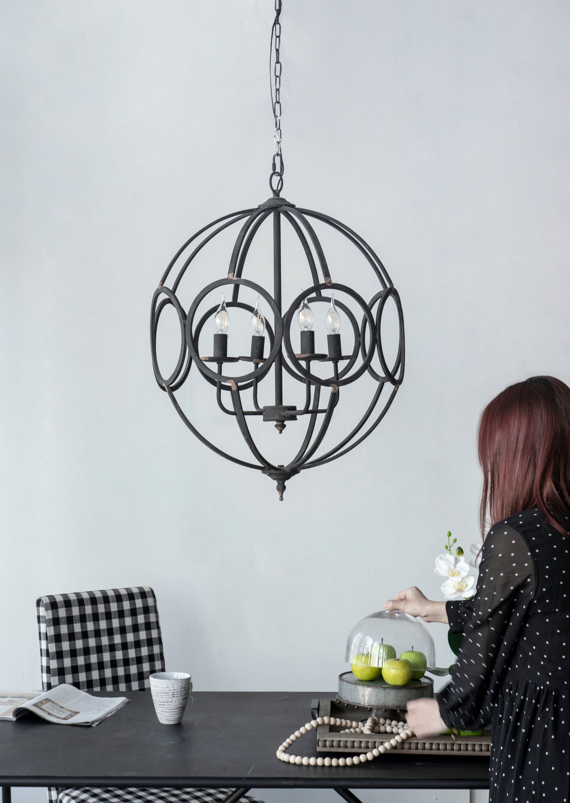 4 Light Metal Chandelier, Hanging Light Fixture with black-iron