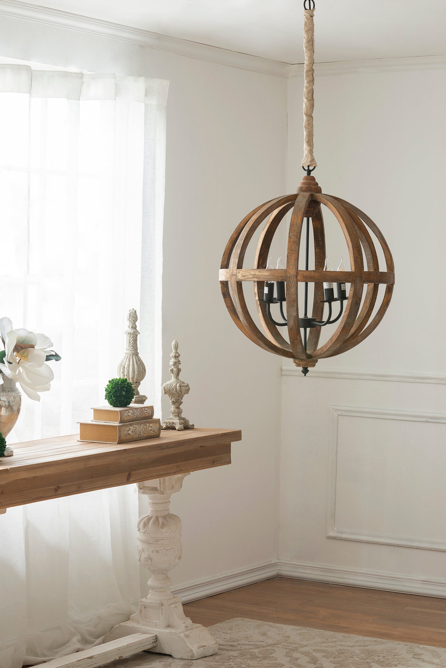 4 Light Wood Chandelier, Hanging Light Fixture with brown-wood