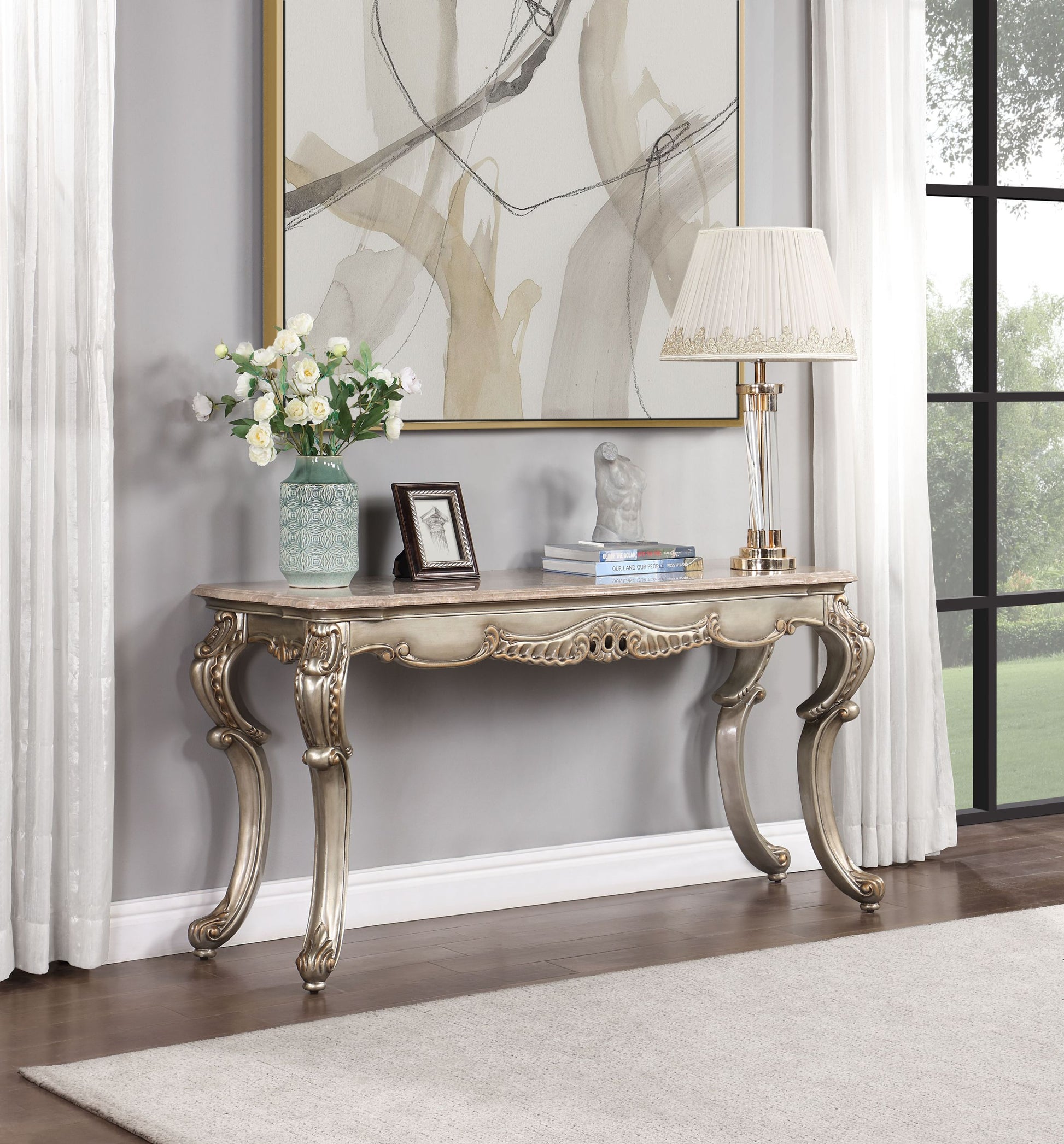 ACME Miliani Sofa Table, Natural Marble & Antique antique bronze-marble