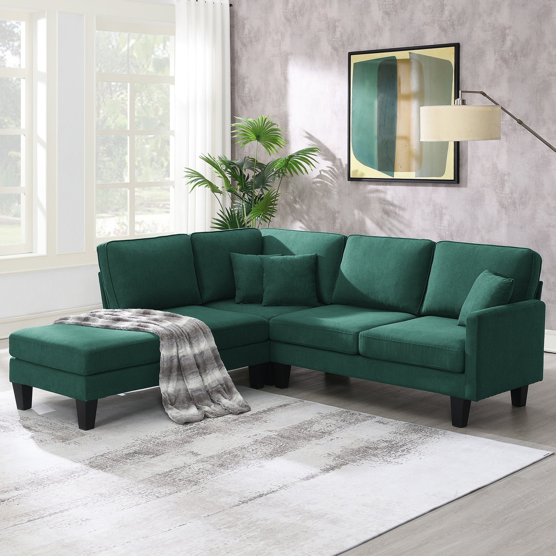 90*88" Terrycloth Modern Sectional Sofa,5 Seat green-fabric