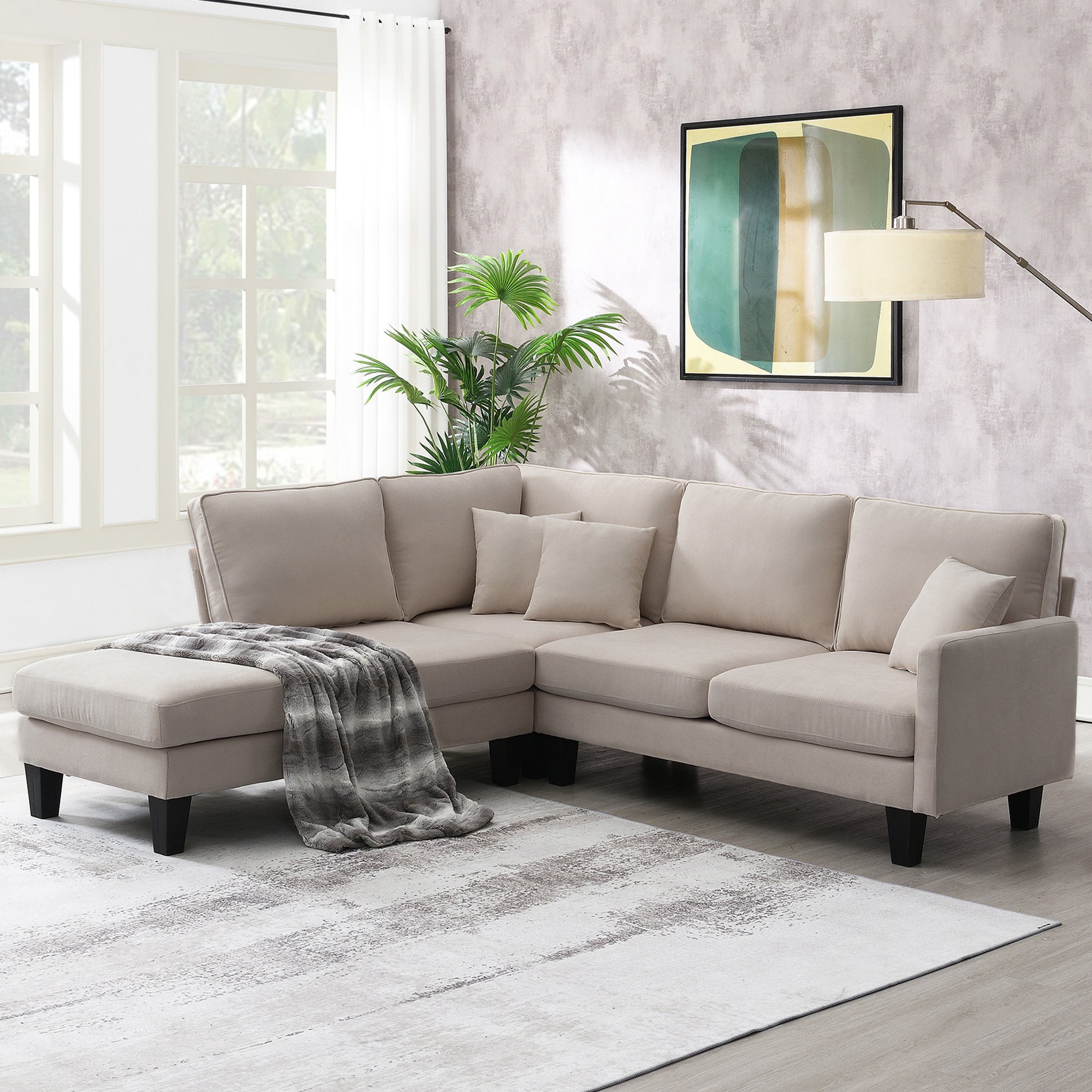 90*88" Terrycloth Modern Sectional Sofa,5 Seat beige-fabric