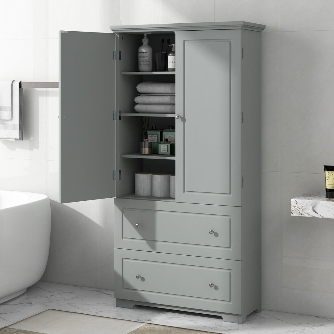 Wide Bathroom Storage Cabinet, Freestanding