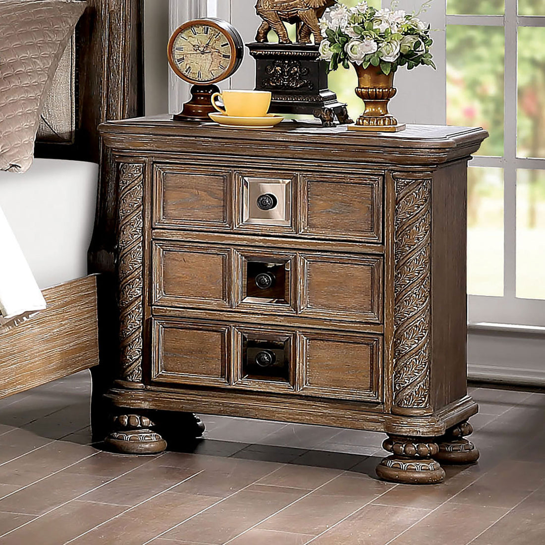 Transitional Rustic Natural Tone 1pc Nightstand Only rustic-3 drawers-bedroom-bedside