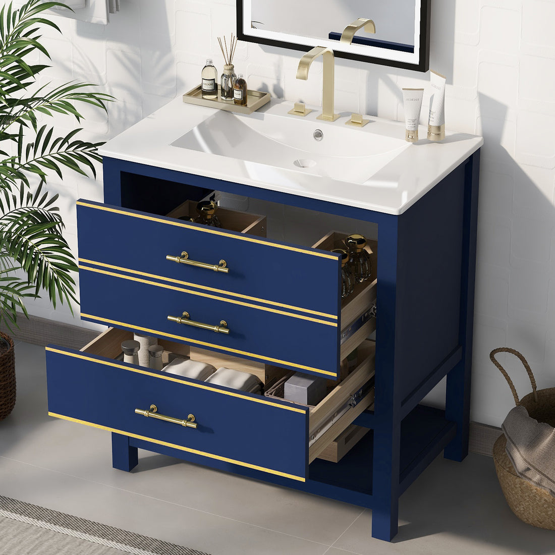 Viedo Modern 30inch Navy Blue White Bathroom Vanity white-solid wood+mdf