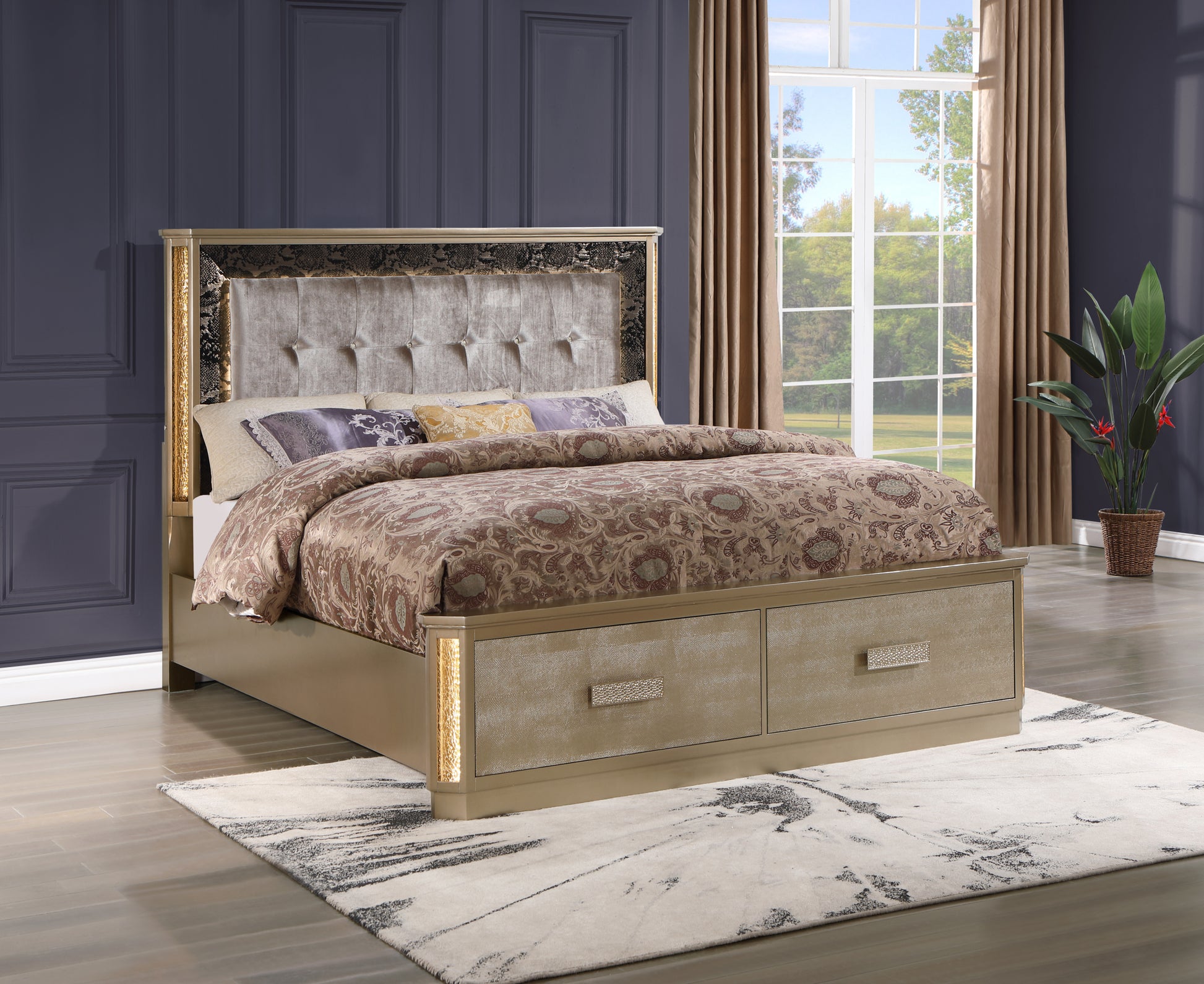 Medusa Queen 5PC Bedroom set Made with Wood in Gold box spring not required-queen-gold-wood-5 piece