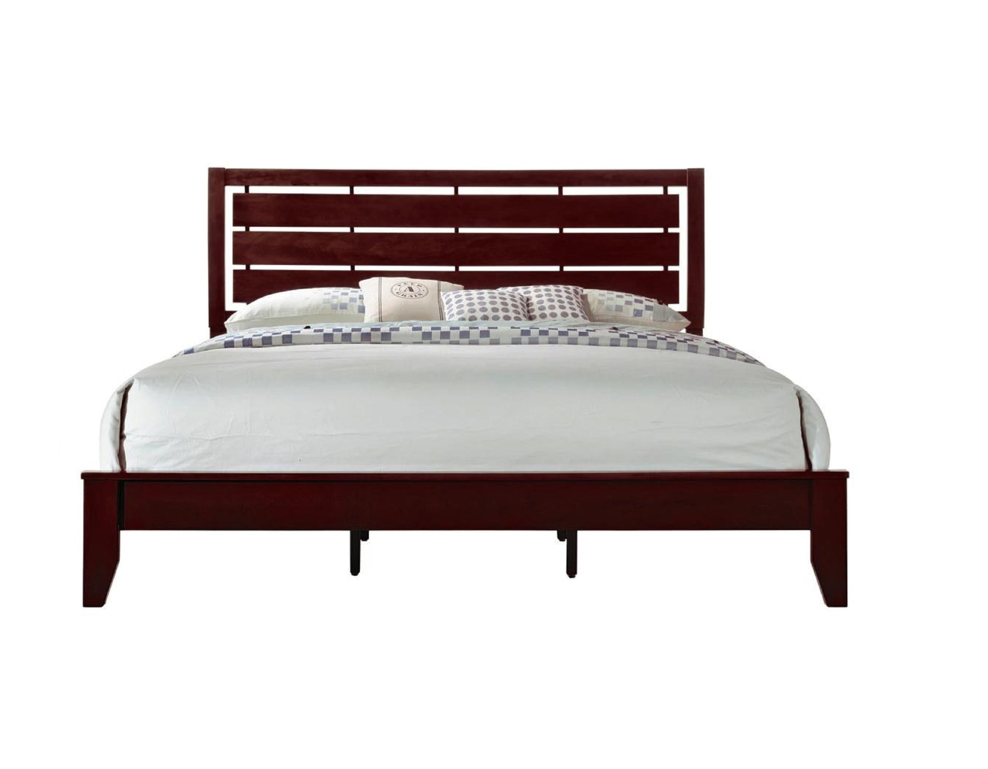 1pc Queen Size Brown Cherry Finish Panel Bed Geometric queen-brown-bed frame-wood