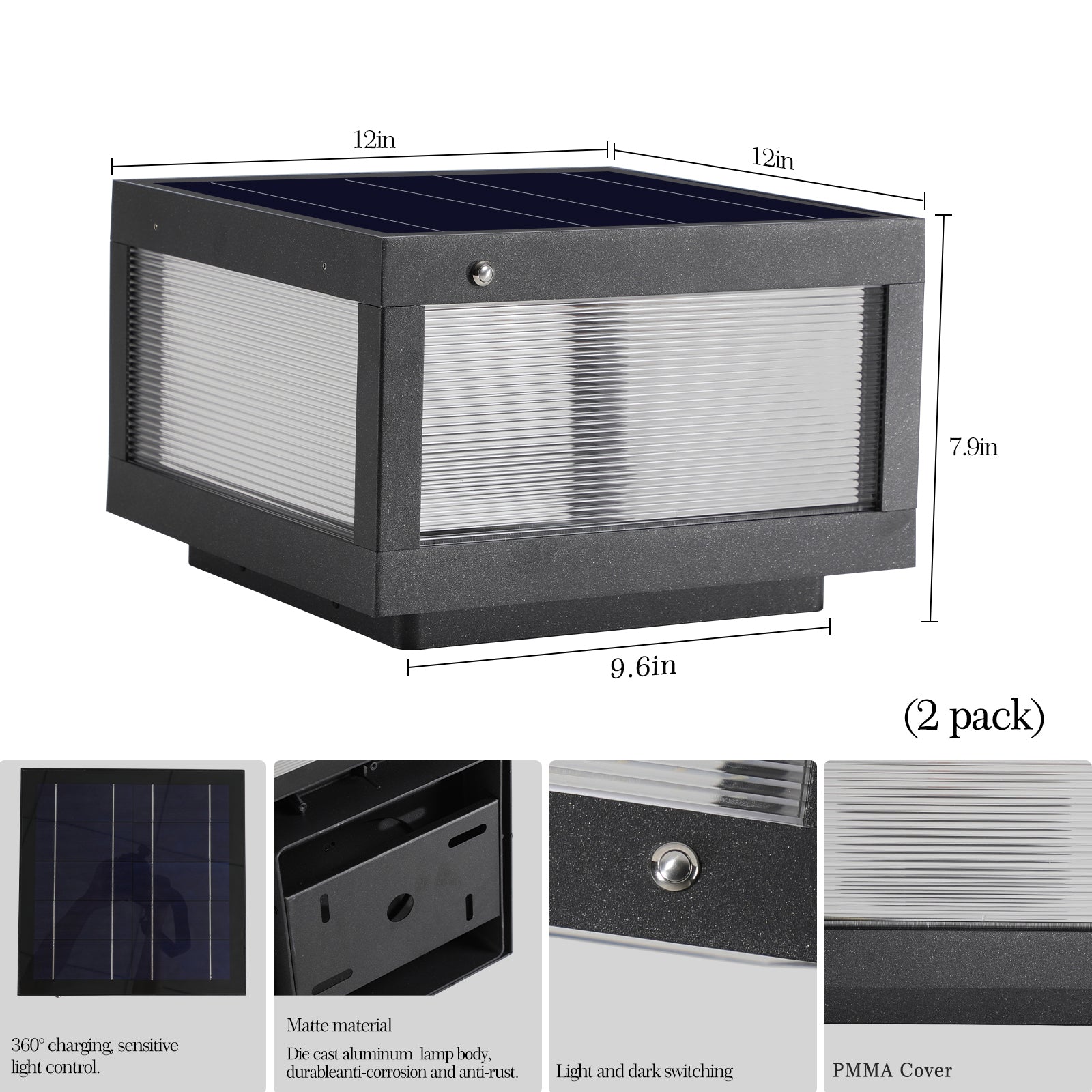 Solar Wall Lamp With Dimmable LED 2 pack black-aluminium