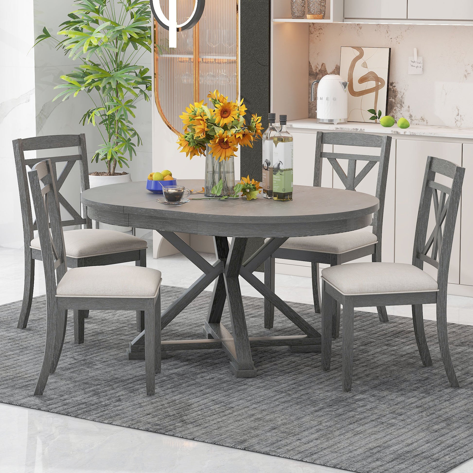 5 Piece Retro Functional Dining Table Set grey-solid wood