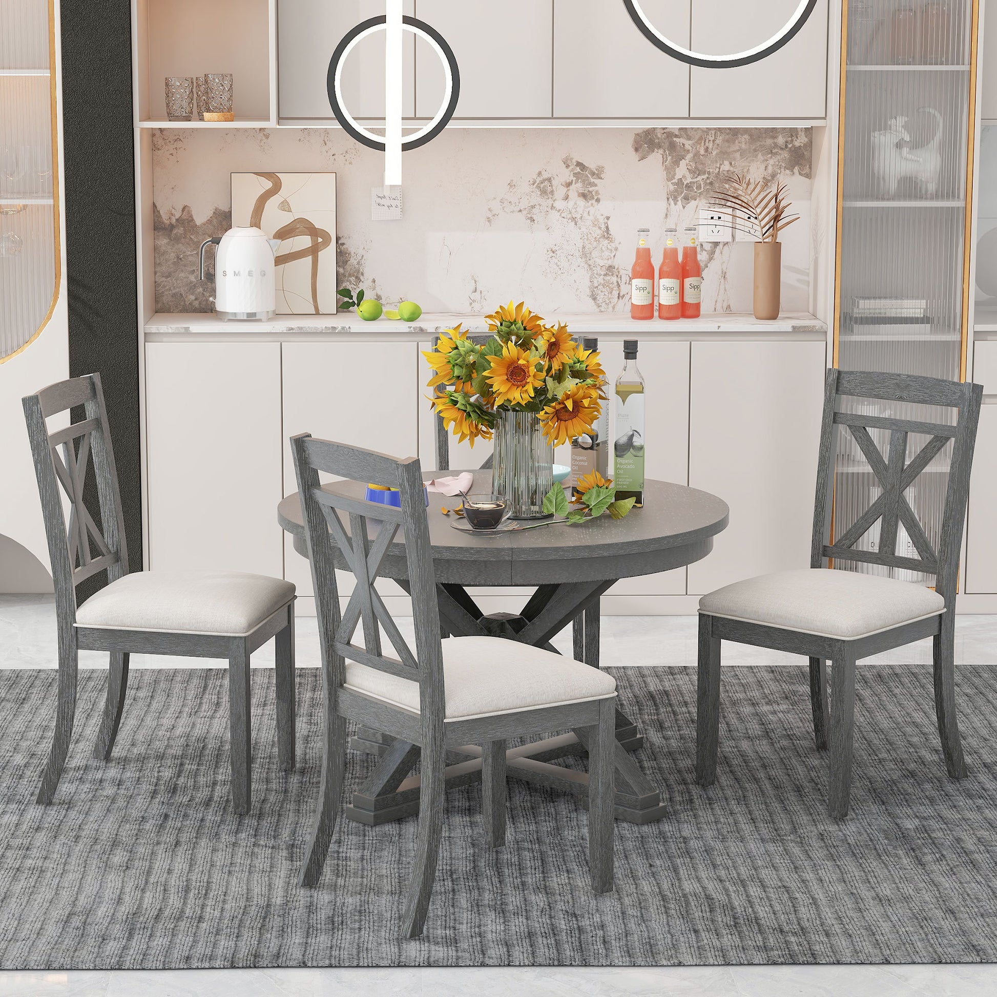 5 Piece Retro Functional Dining Table Set grey-solid wood