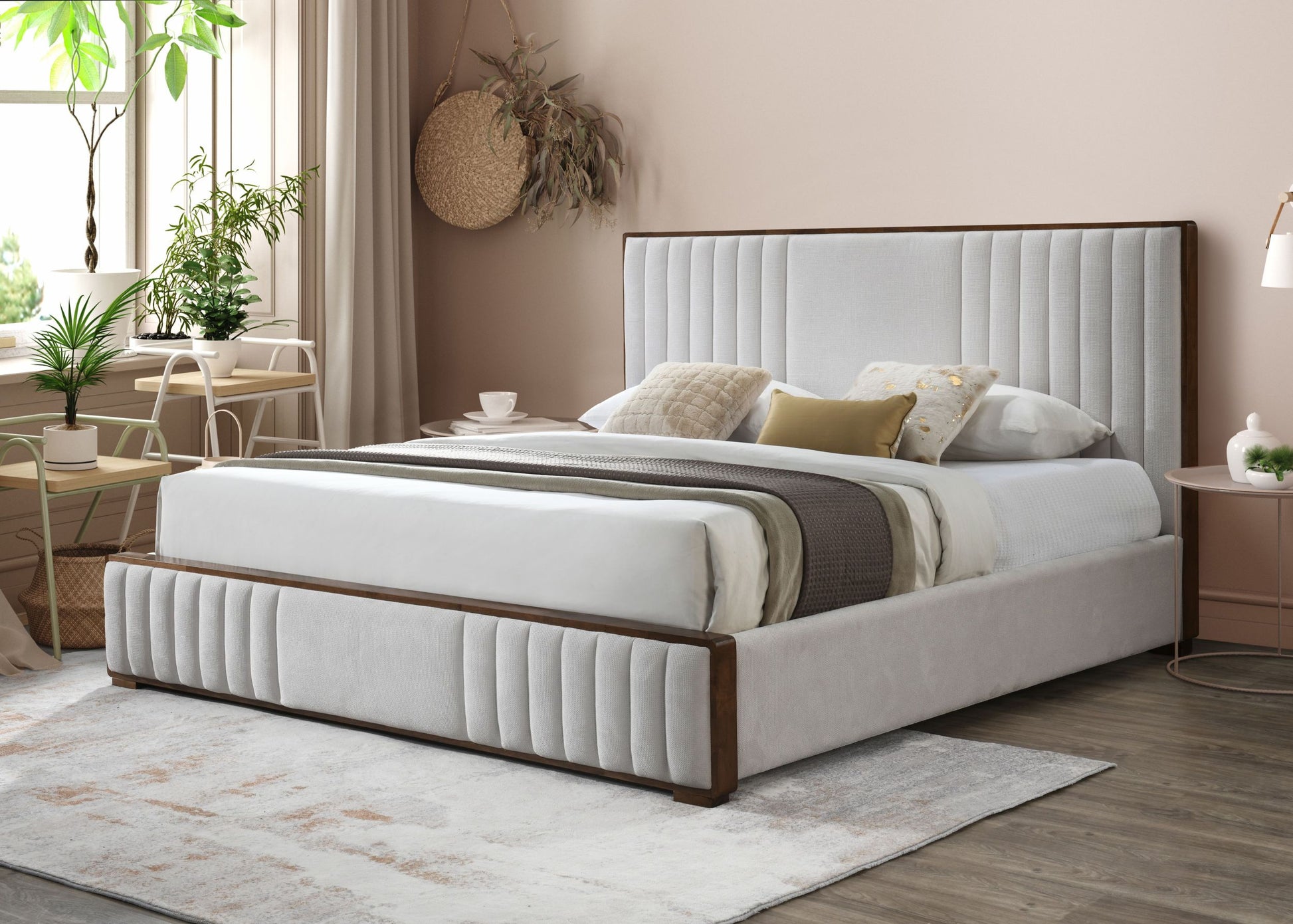 Kaleea Queen Bed, Light Gray Chenille & Walnut