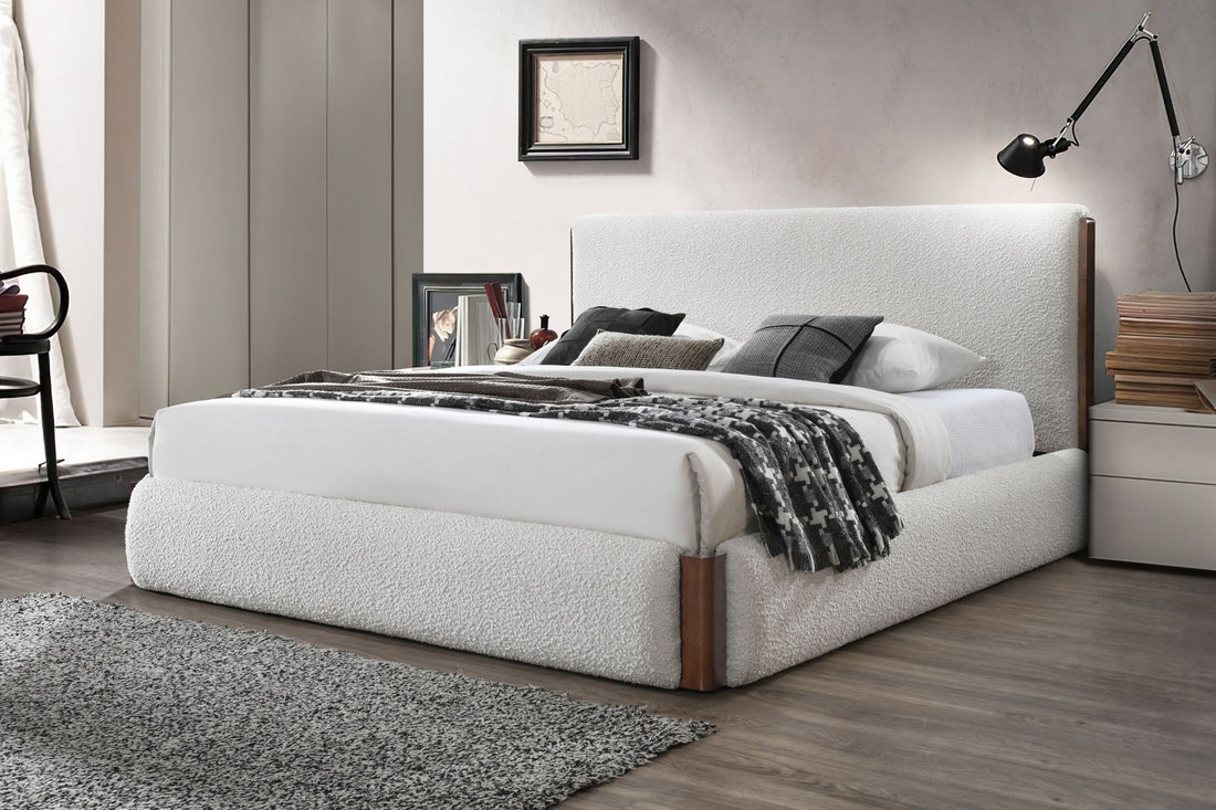 Sandro Queen Bed, White Boucl & Walnut Finish