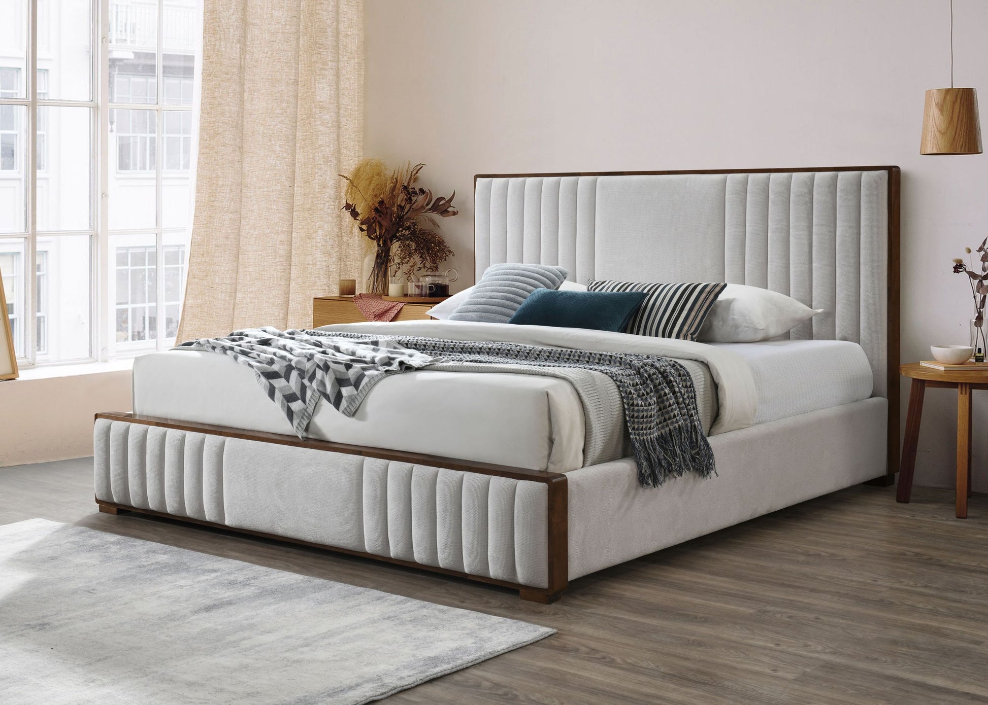 Kaleea Queen Bed, Light Gray Chenille & Walnut