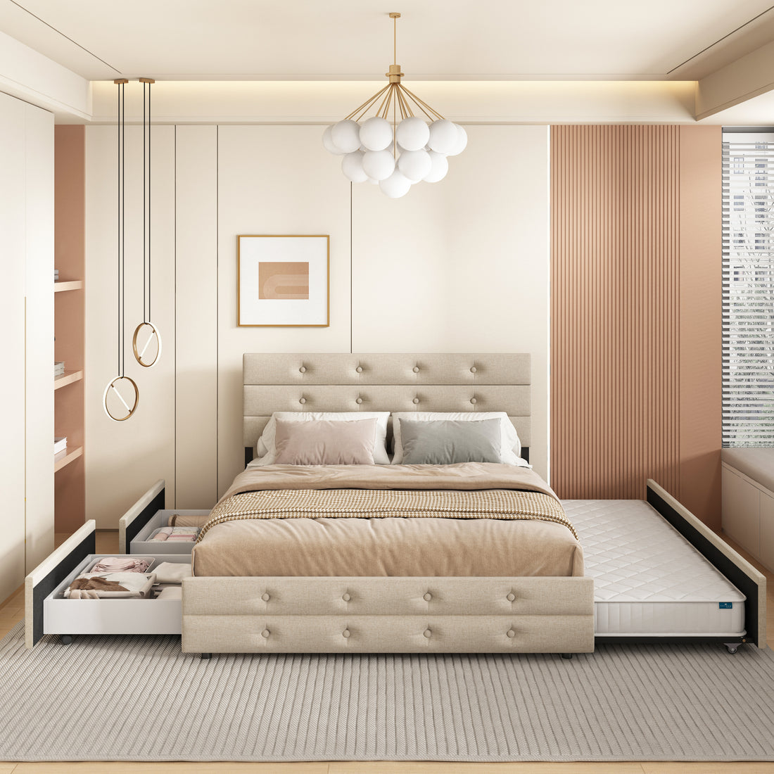 Queen Size Upholstered Platform Bed With Twin