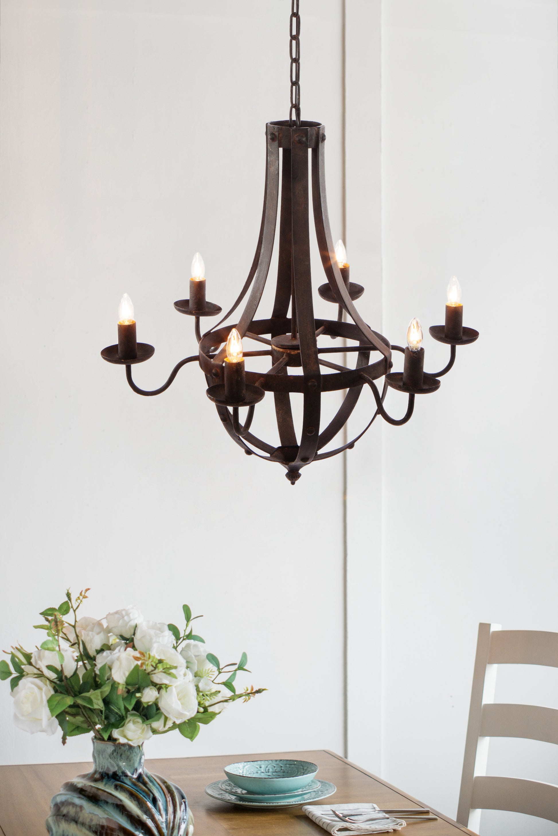 6 Light Metal Chandelier, Hanging Light Fixture with black-iron