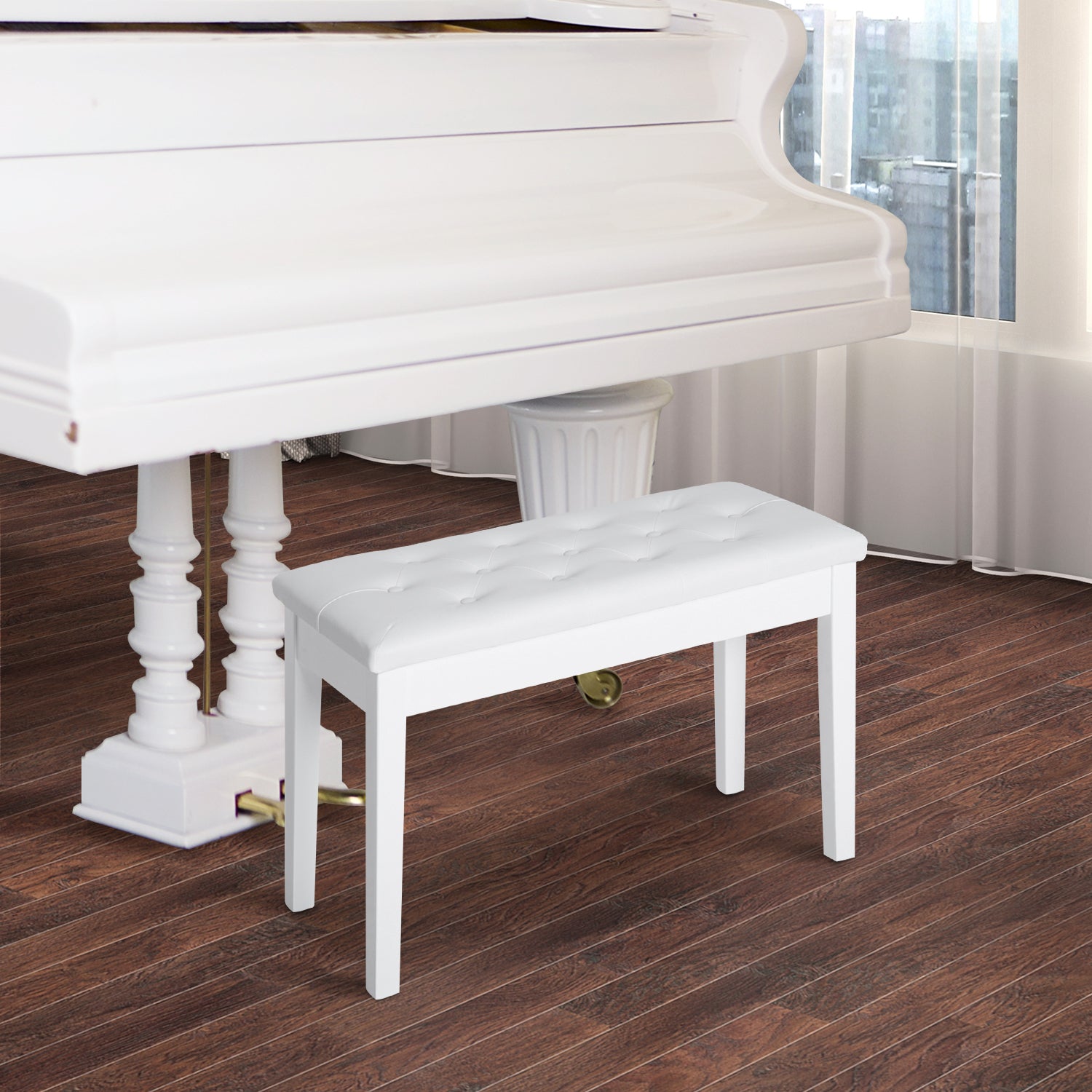 Piano Bench, Duet Piano Chair with Faux Leather Padded white-rubber wood