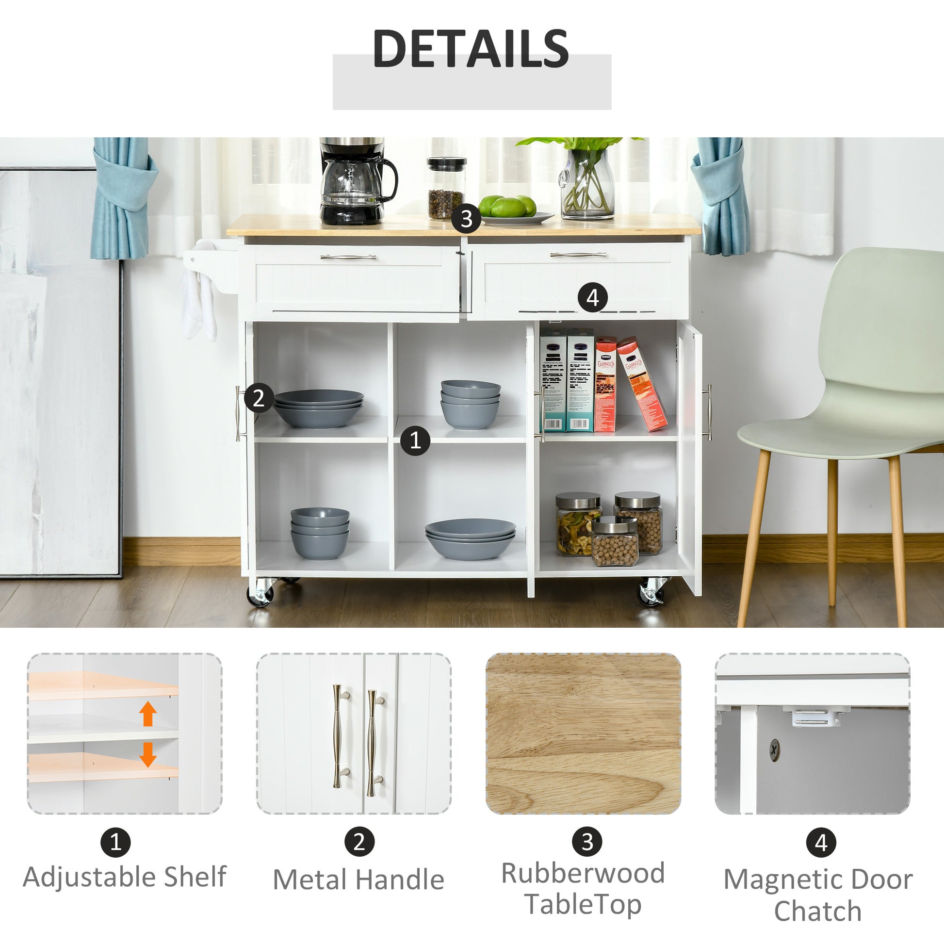 Mobile Kitchen Island with Storage, Kitchen Cart with white-mdf