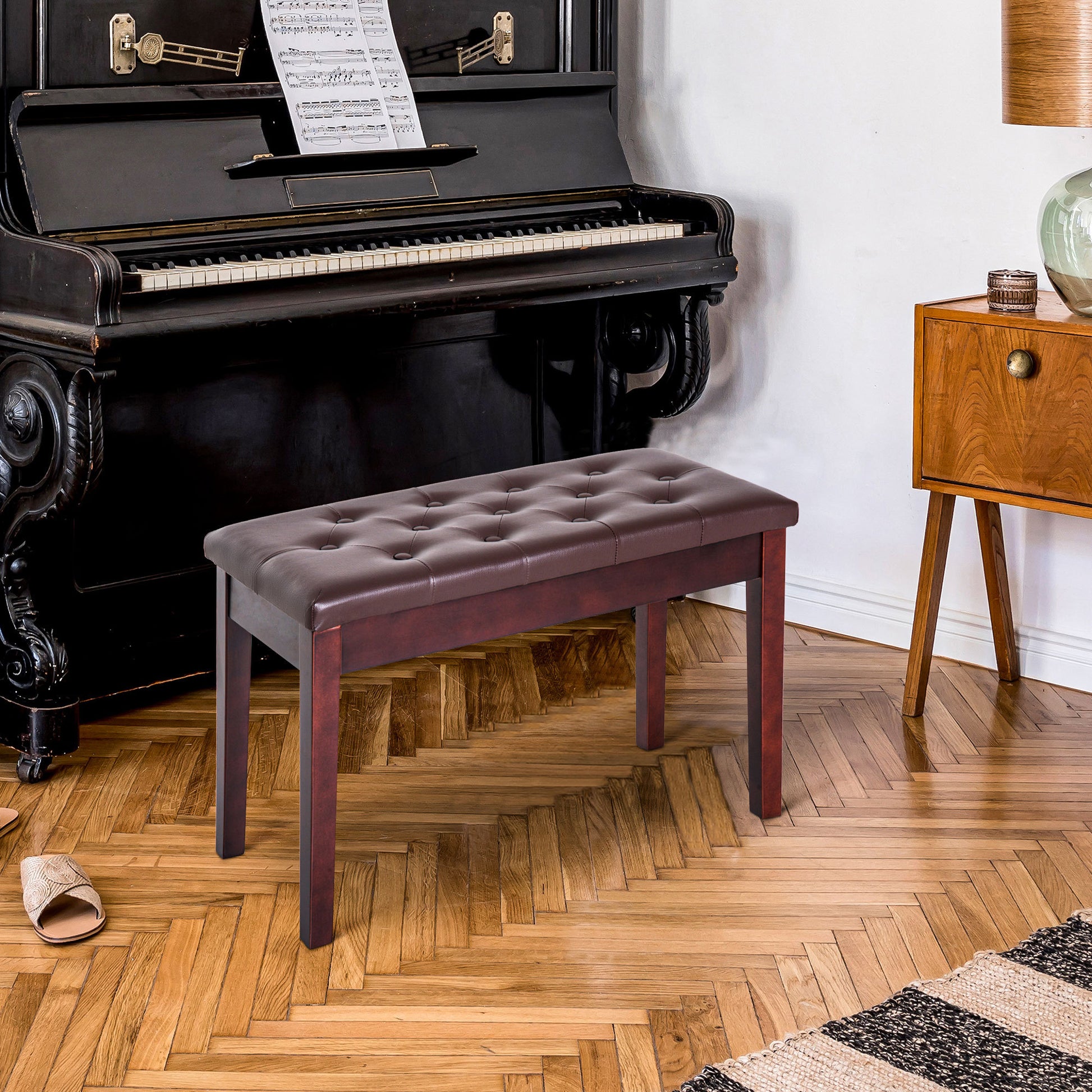 Piano Bench, Duet Piano Chair with Faux Leather Padded brown-rubber wood