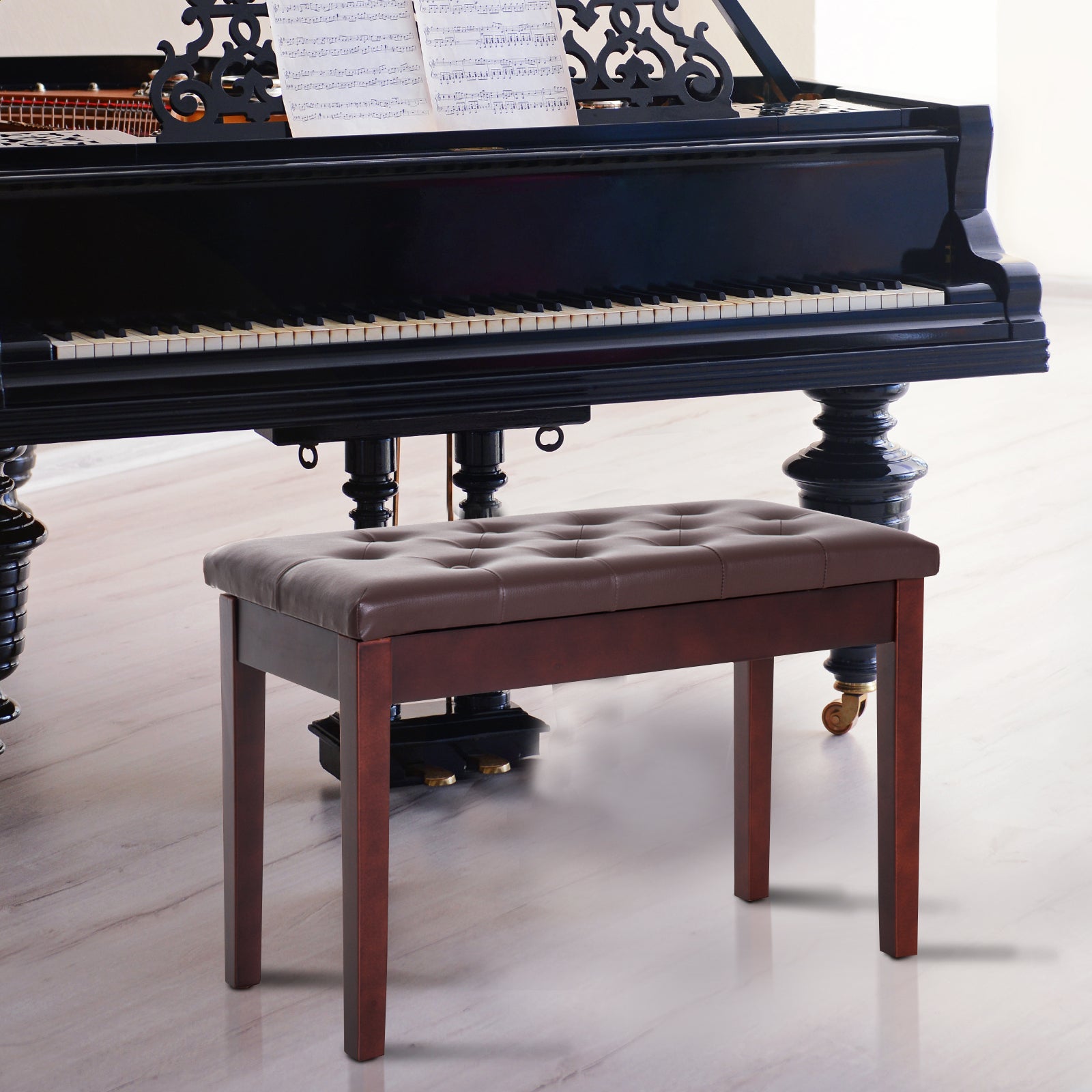 Piano Bench, Duet Piano Chair with Faux Leather Padded brown-rubber wood