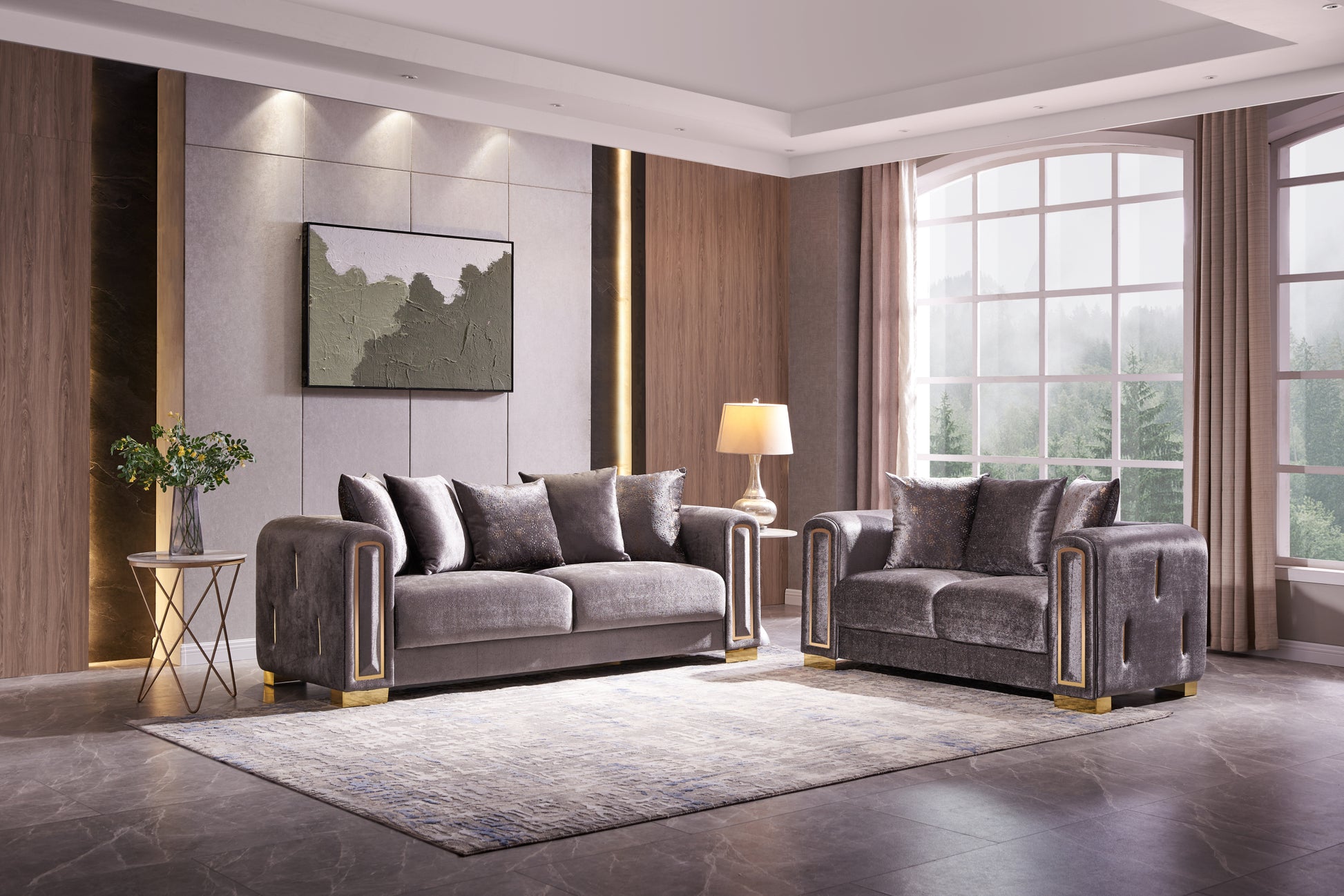 Impreza 2Pc Modern Living Room Set in Silver silver-velvet-wood-primary living