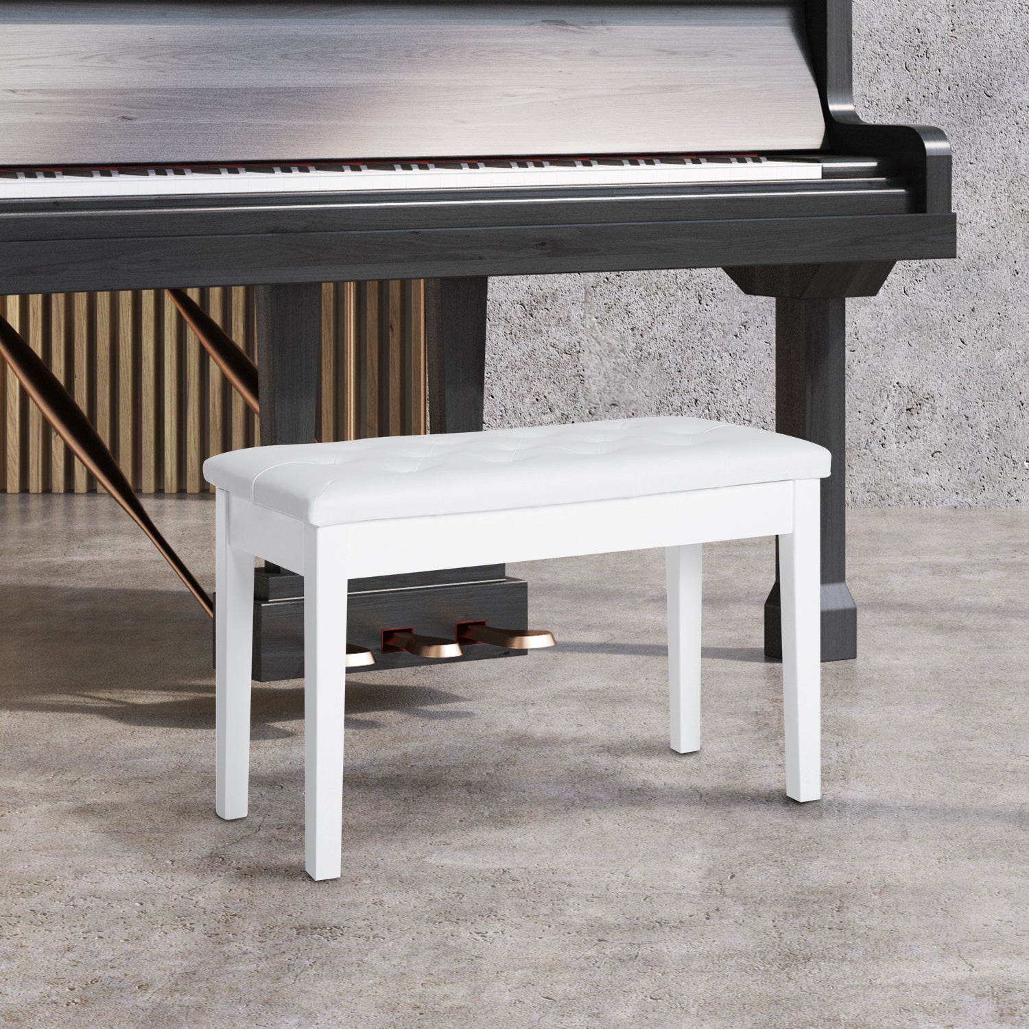 Piano Bench, Duet Piano Chair with Faux Leather Padded white-rubber wood