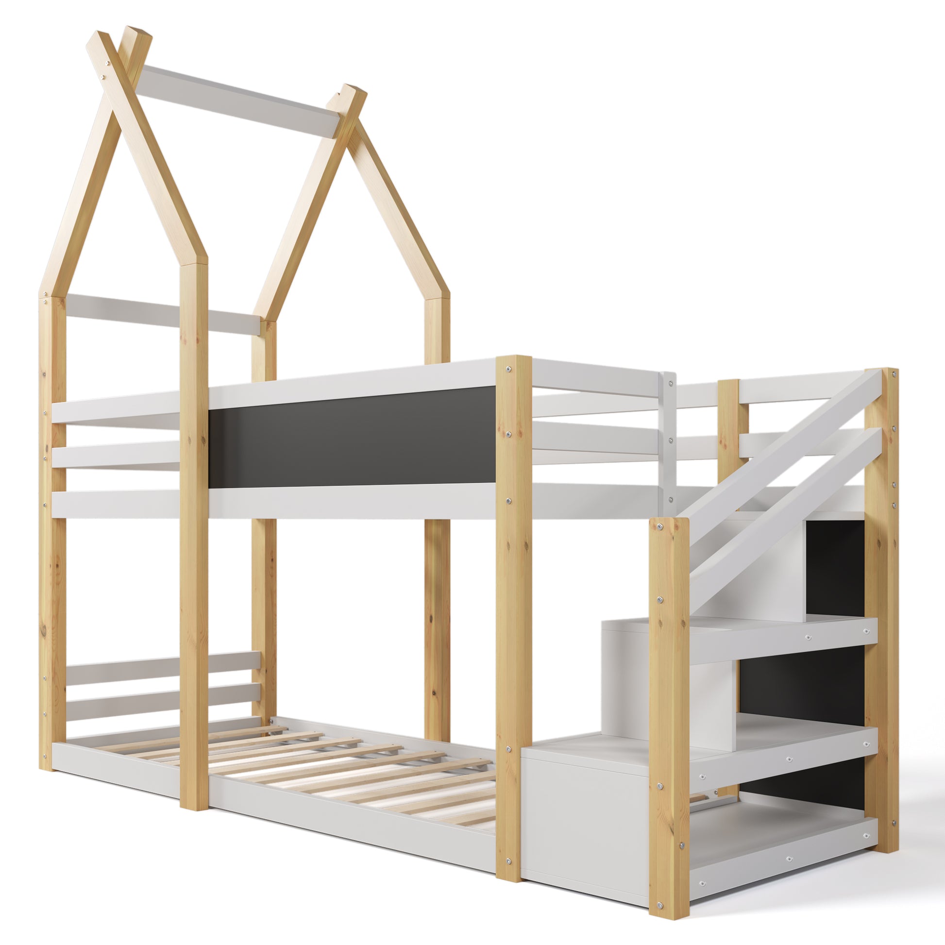 Twin over Twin House Bunk Bed with White Storage box spring not required-twin-white-bed frame-pine