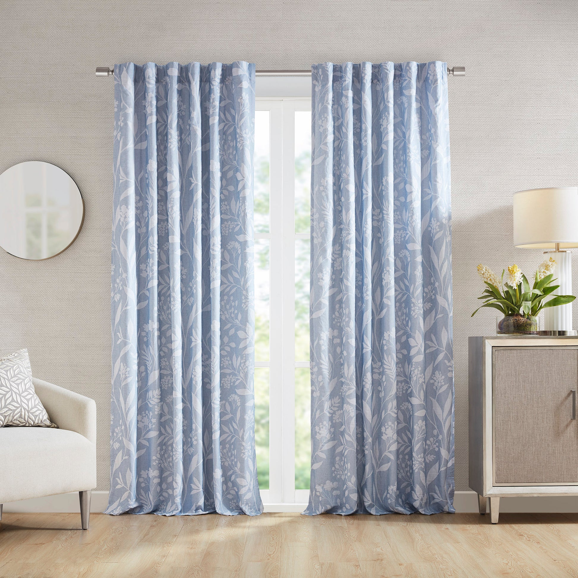 Floral Curtain Panel Single blue-cotton