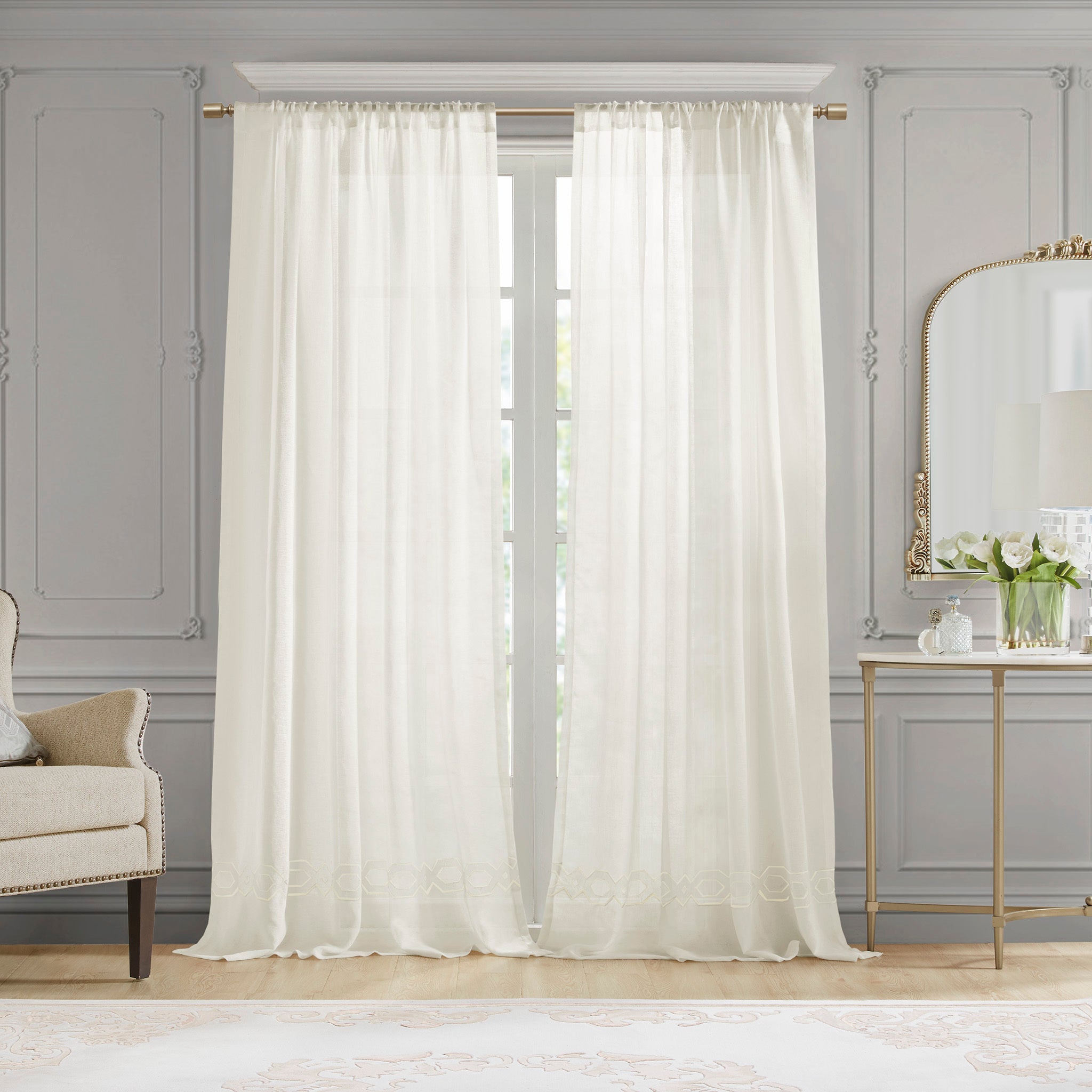 Embroidery Curtain Panel Single white-polyester