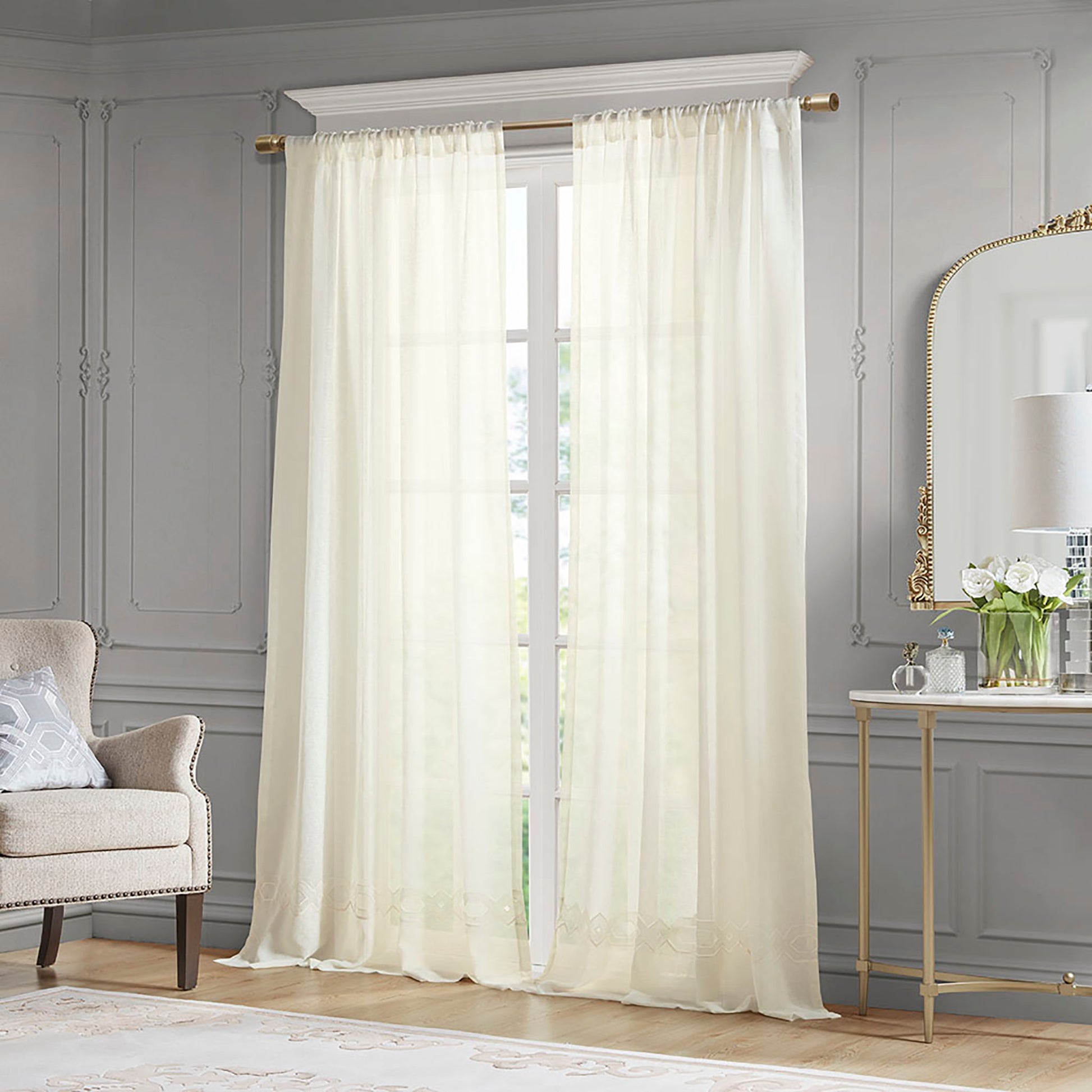 Embroidery Curtain Panel Single ivory-polyester