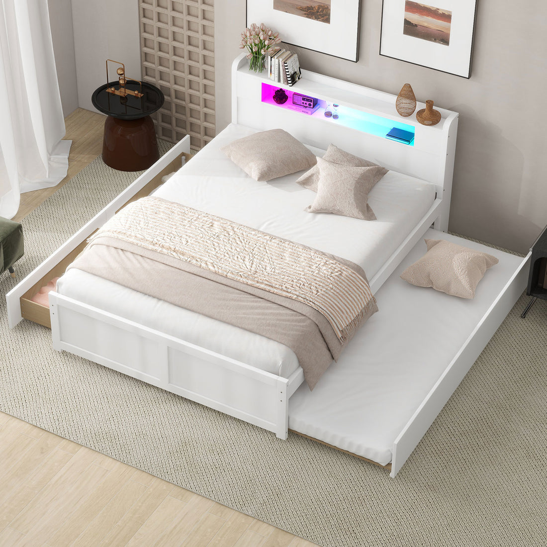 Queen Size Wood Storage Platform Bed With Led, 2